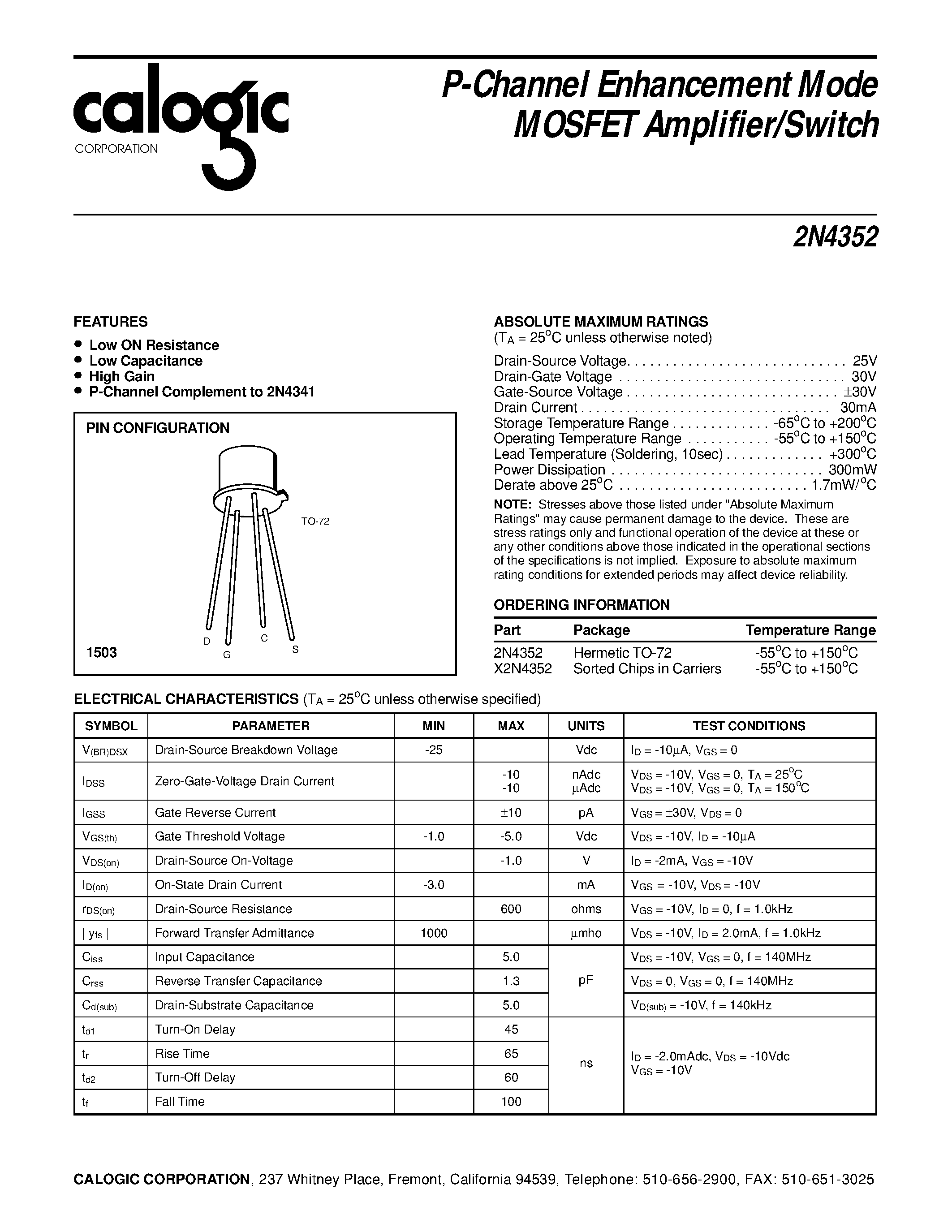 Даташит на микросхему X2N4352 страница 1 Даташит X2N4352 - P-Channel Enhancement Mode MOSFET Amplifier/Switch страница 1