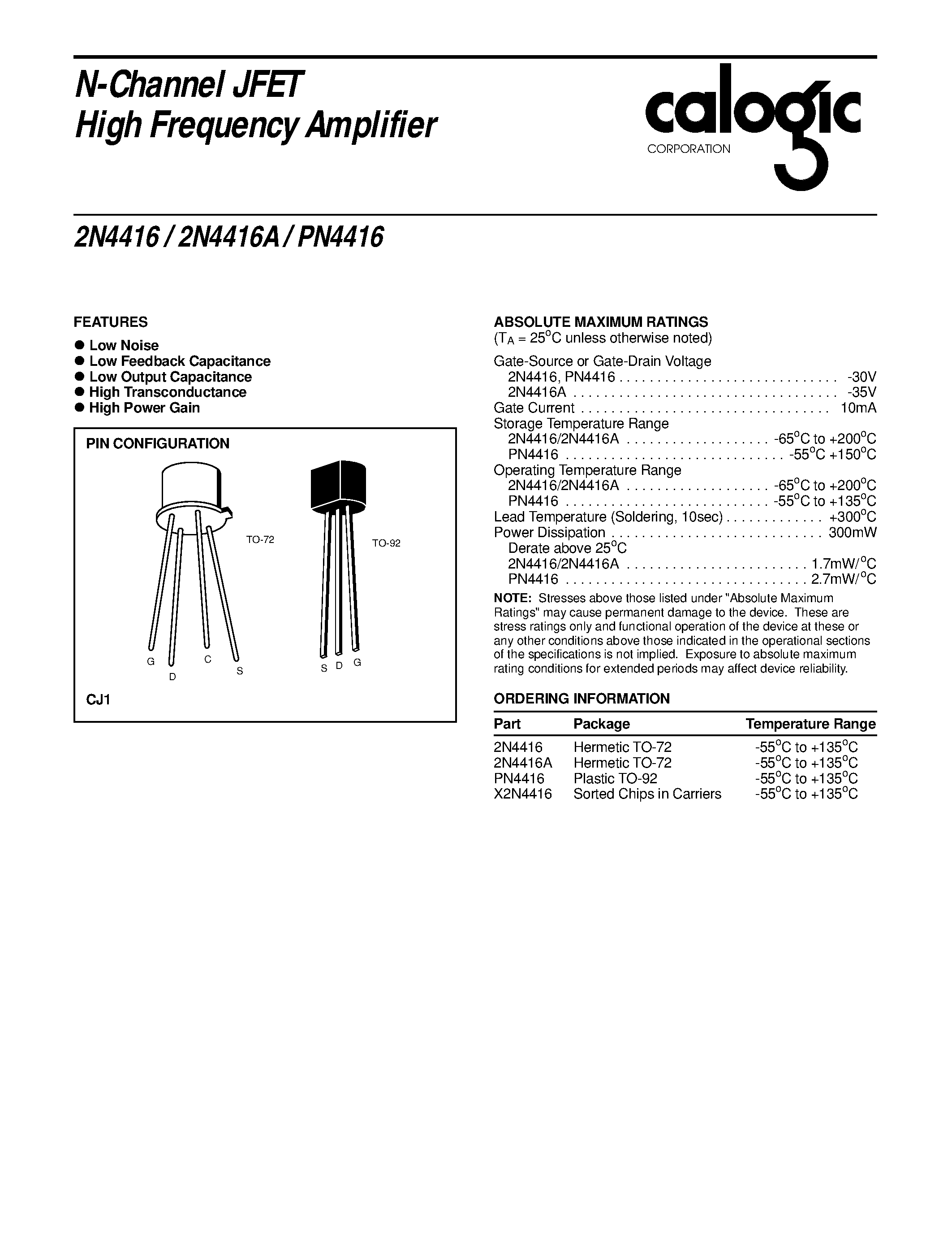 Datasheet X2N4416 - N-Channel JFET High Frequency Amplifier page 1