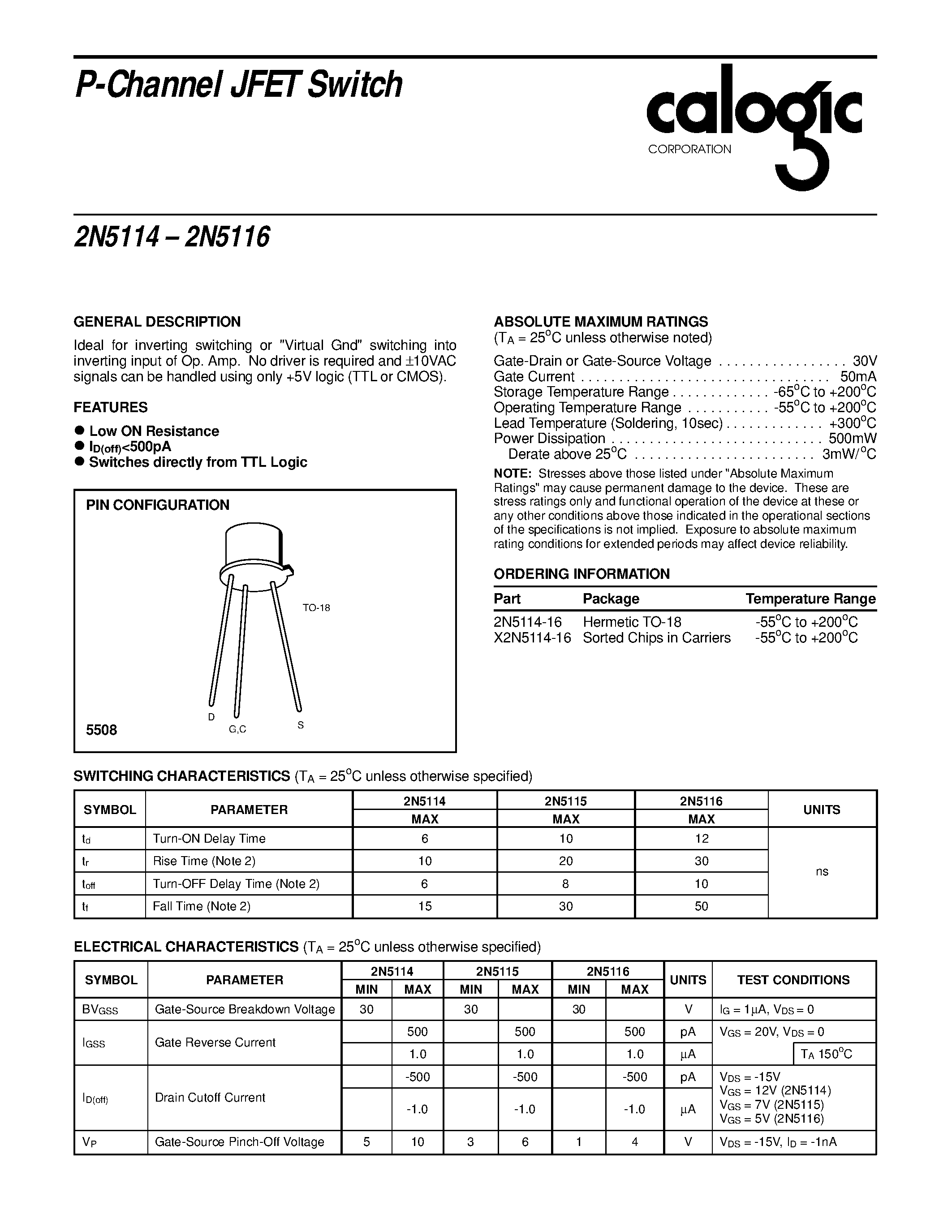 Даташит на микросхему X2N5114-16 страница 1 Даташит X2N5114-16 - P-Channel JFET Switch страница 1
