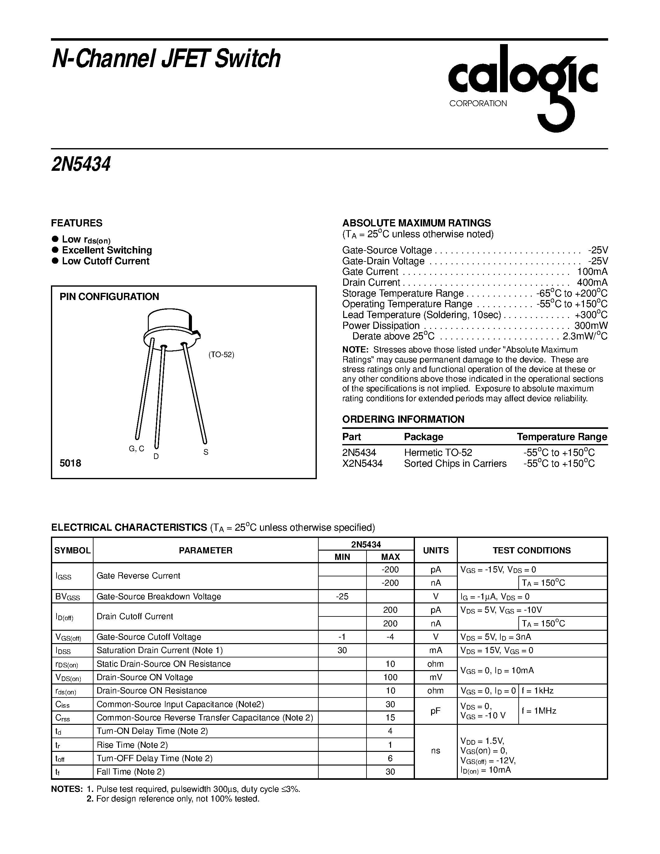 Datasheet X2N5434 - N-Channel JFET Switch page 1