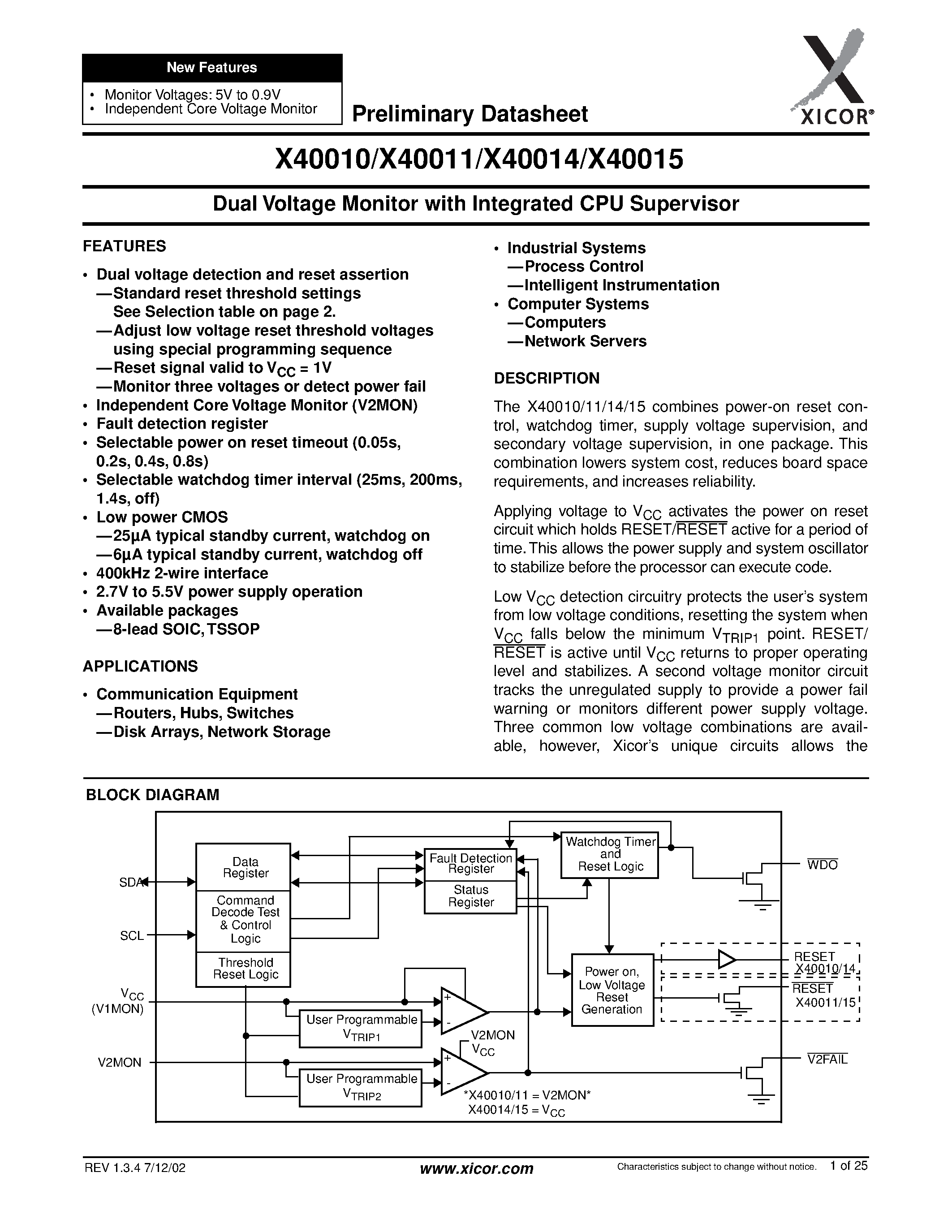 Datasheet X40011S8-C page 1 Datasheet X40011S8-C - Dual Voltage Monitor with Integrated CPU Supervisor page 1
