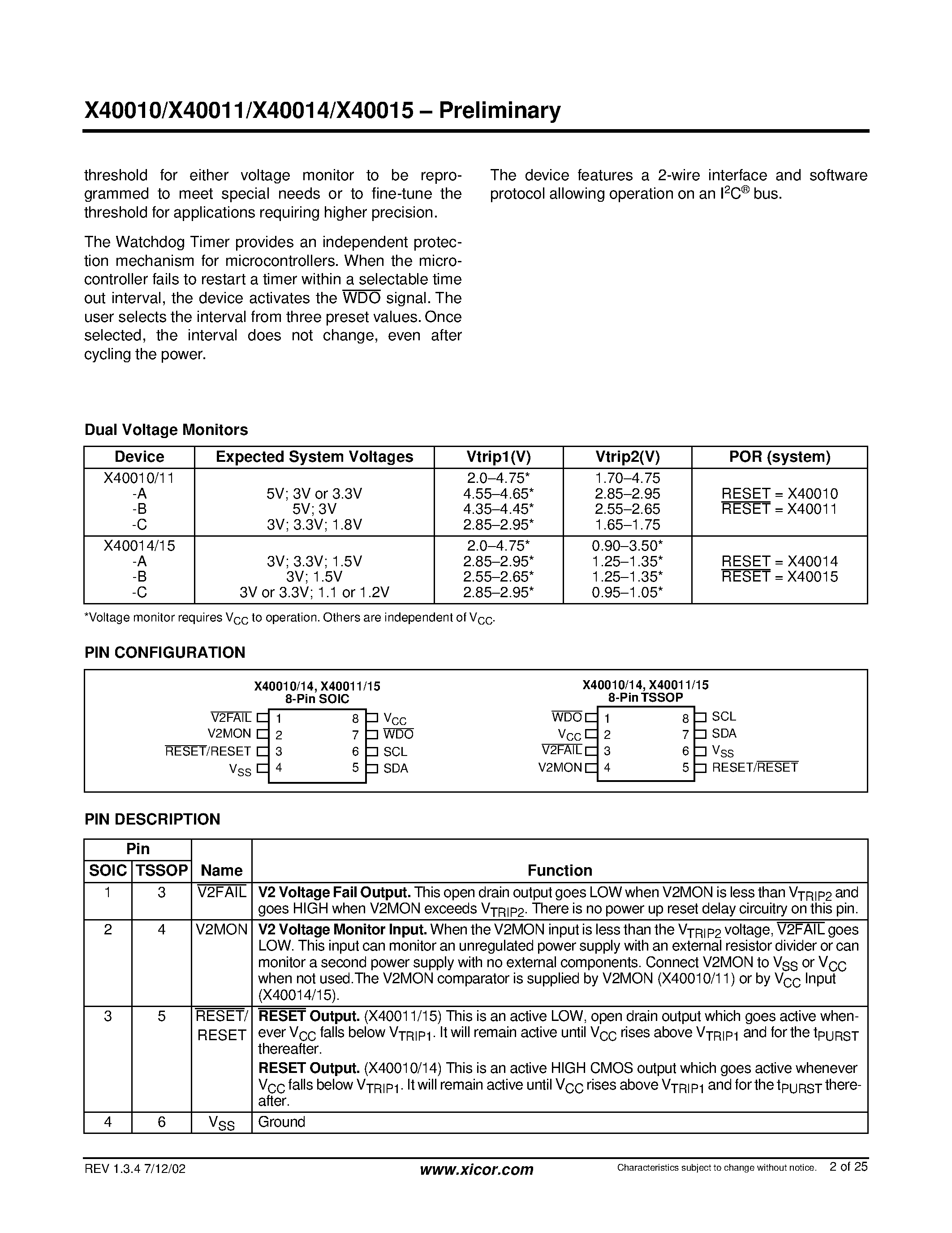 Datasheet X40014S8-C page 2 Datasheet X40014S8-C - Dual Voltage Monitor with Integrated CPU Supervisor page 2