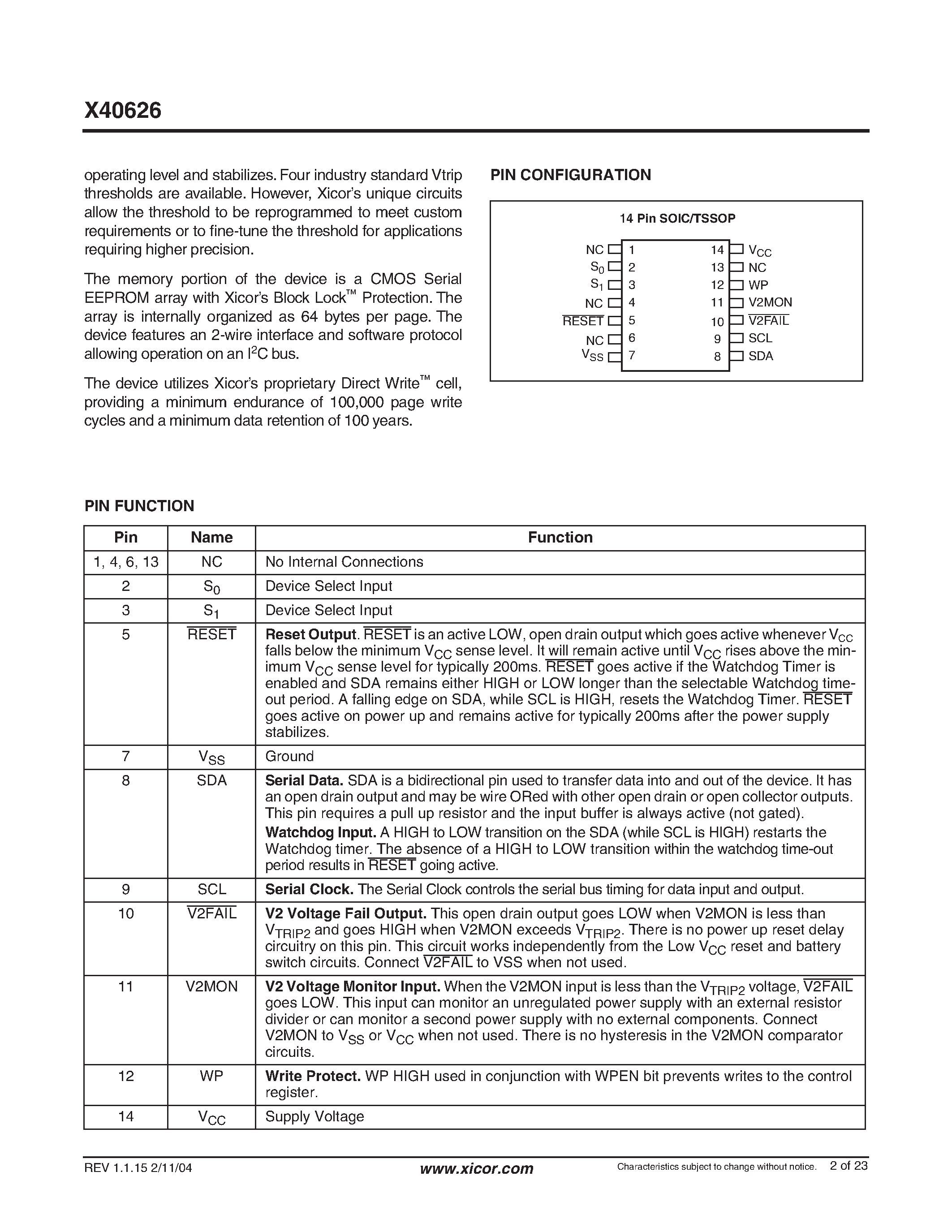Datasheet X40626V14-2.7A page 2 Datasheet X40626V14-2.7A - Dual Voltage CPU Supervisor with 64K Serial EEPROM page 2