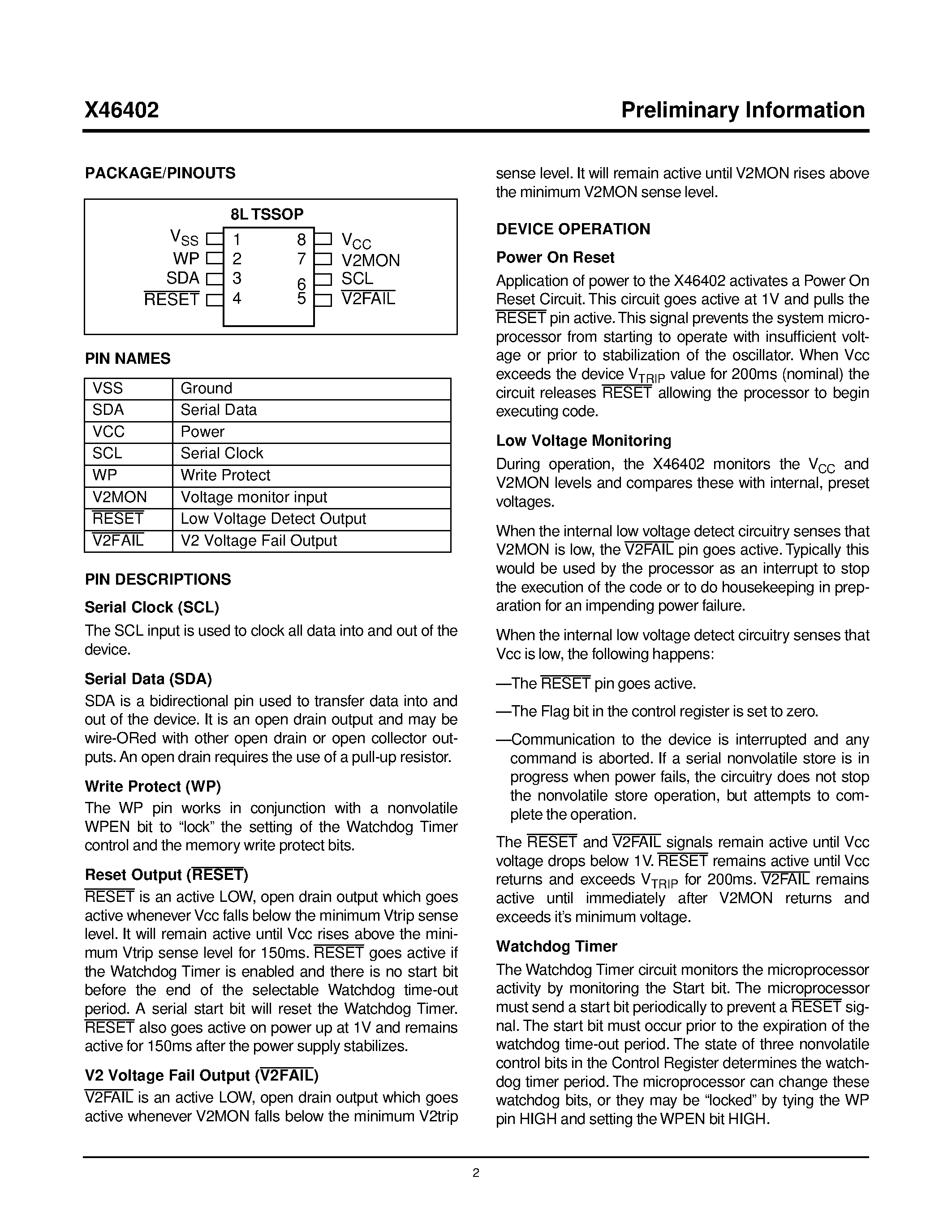 Datasheet X46402V8-3.1 - Dual Voltage CPU Supervisor with 64K Password Protected EEPROM page 2