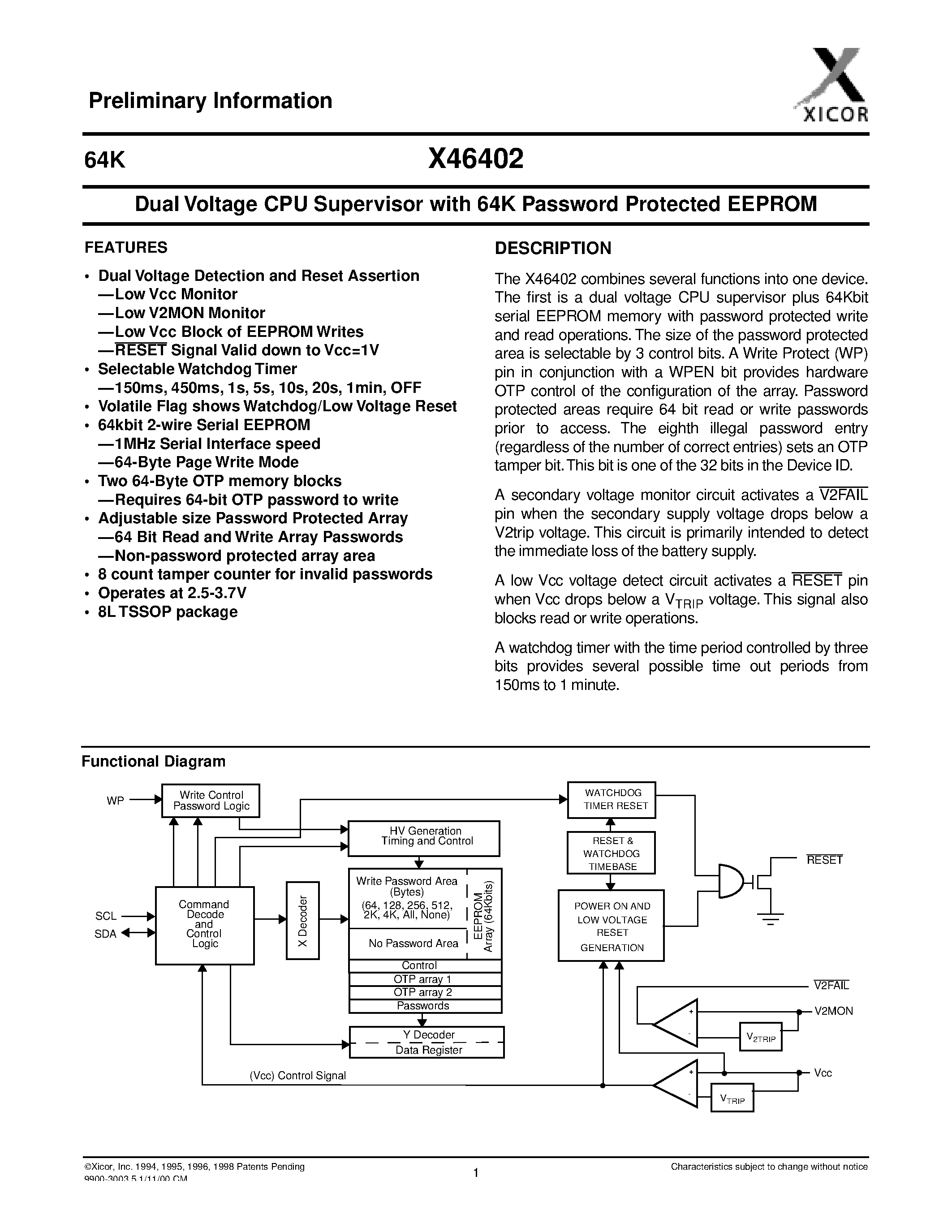 Datasheet X46402V8E-3.1 - Dual Voltage CPU Supervisor with 64K Password Protected EEPROM page 1