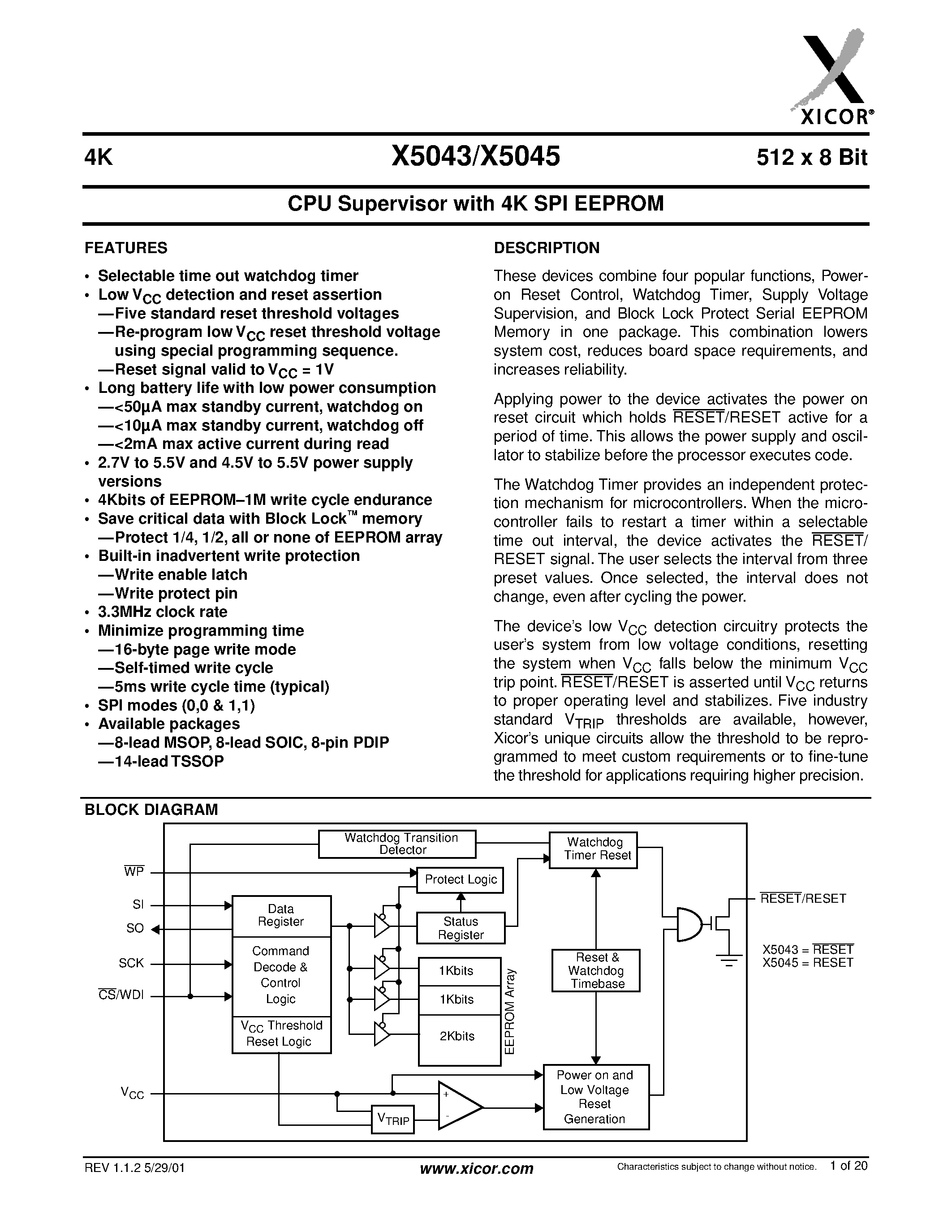 Datasheet X5045PI-2.7 page 1 Datasheet X5045PI-2.7 - CPU Supervisor with 4K SPI EEPROM page 1