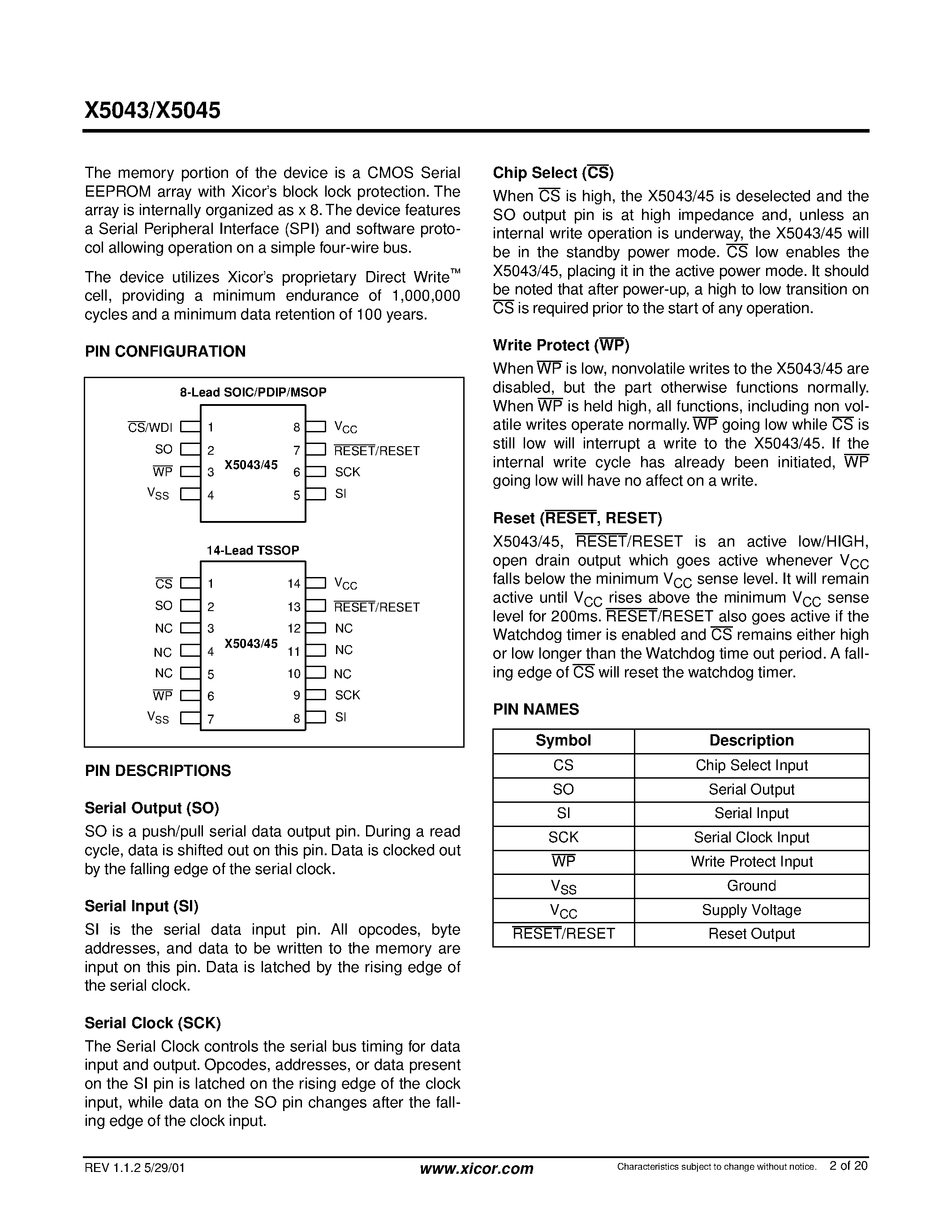 Datasheet X5045S8I-4.5A - CPU Supervisor with 4K SPI EEPROM page 2