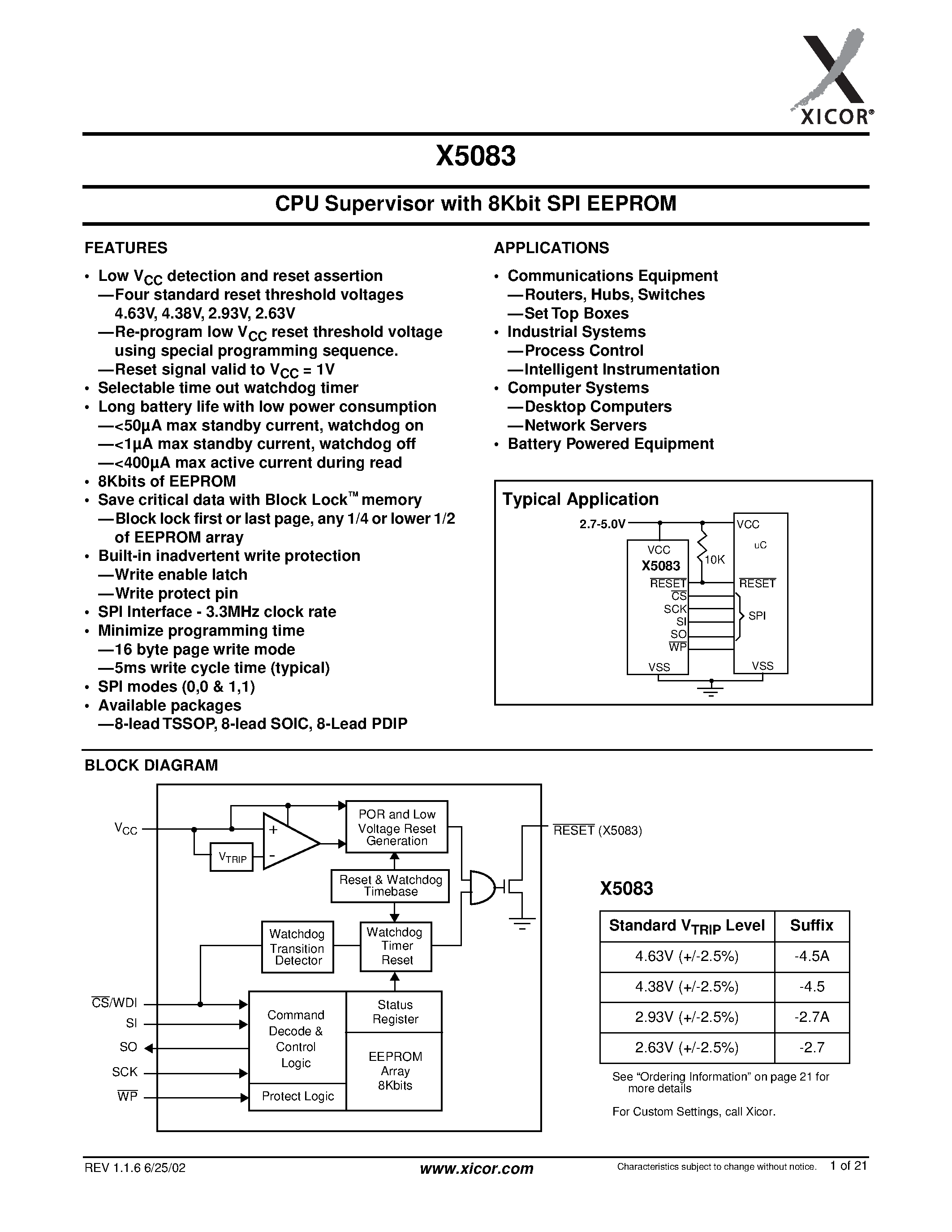 Datasheet X5083 - CPU Supervisor with 8Kbit SPI EEPROM page 1