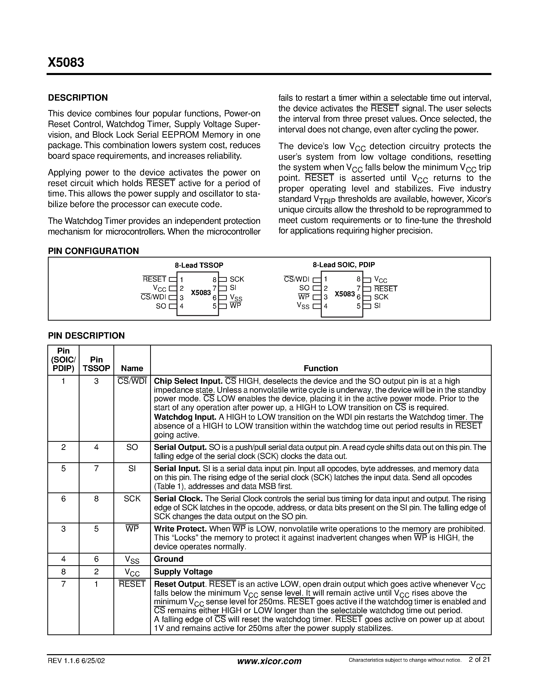 Datasheet X5083S8I - CPU Supervisor with 8Kbit SPI EEPROM page 2