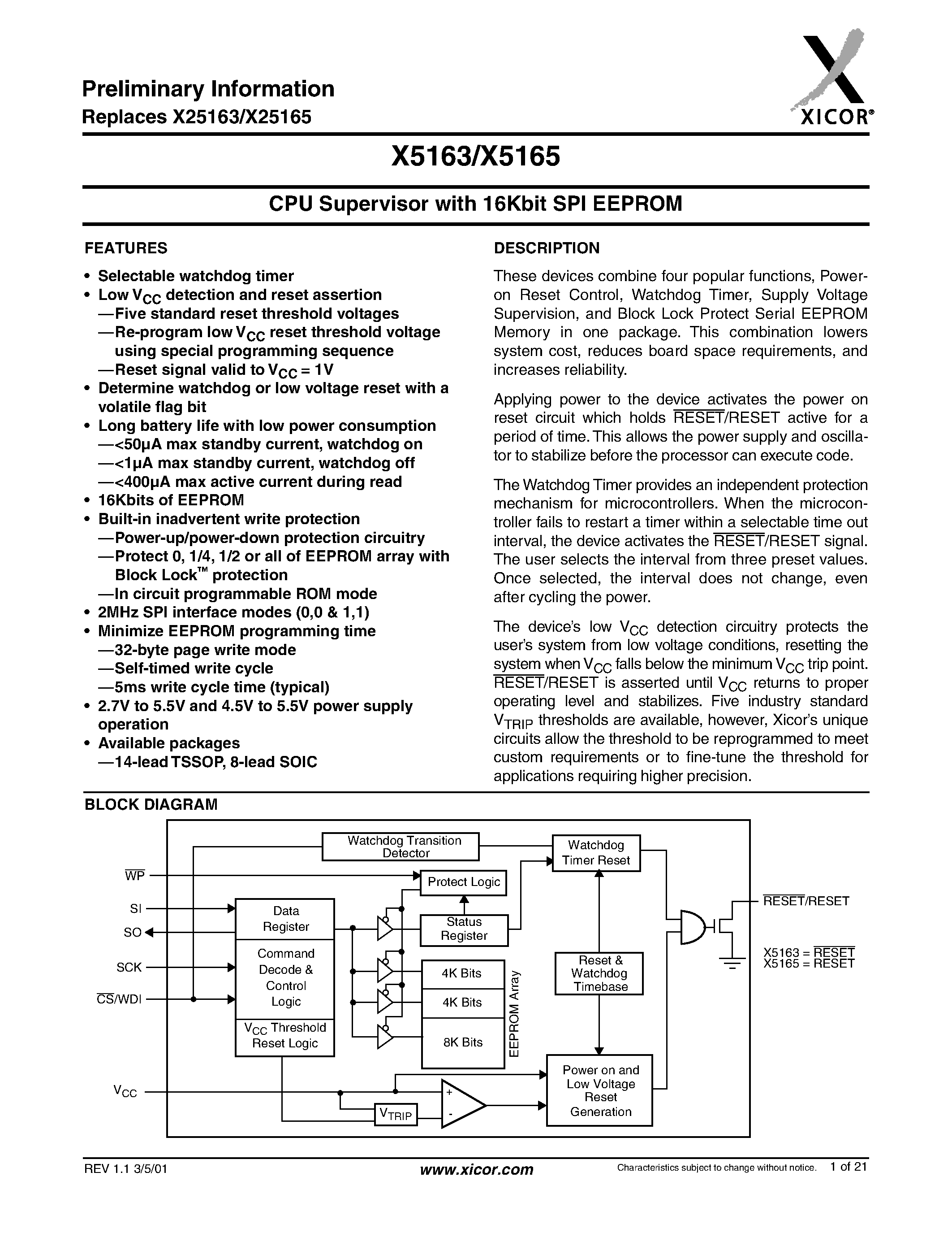 Datasheet X5163P - CPU Supervisor with 16Kbit SPI EEPROM page 1