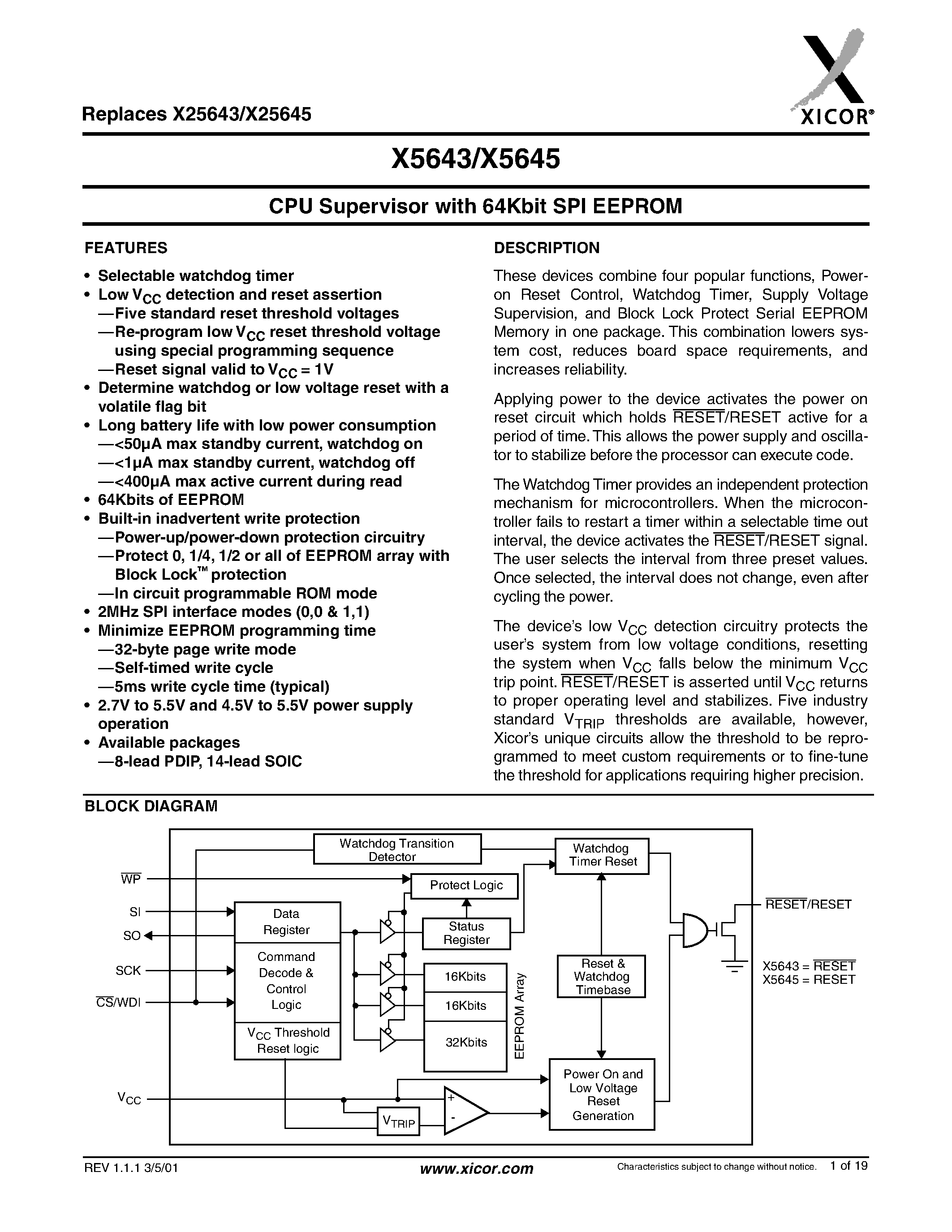 Datasheet X5645S14-2.7A page 1 Datasheet X5645S14-2.7A - CPU Supervisor with 64Kbit SPI EEPROM page 1