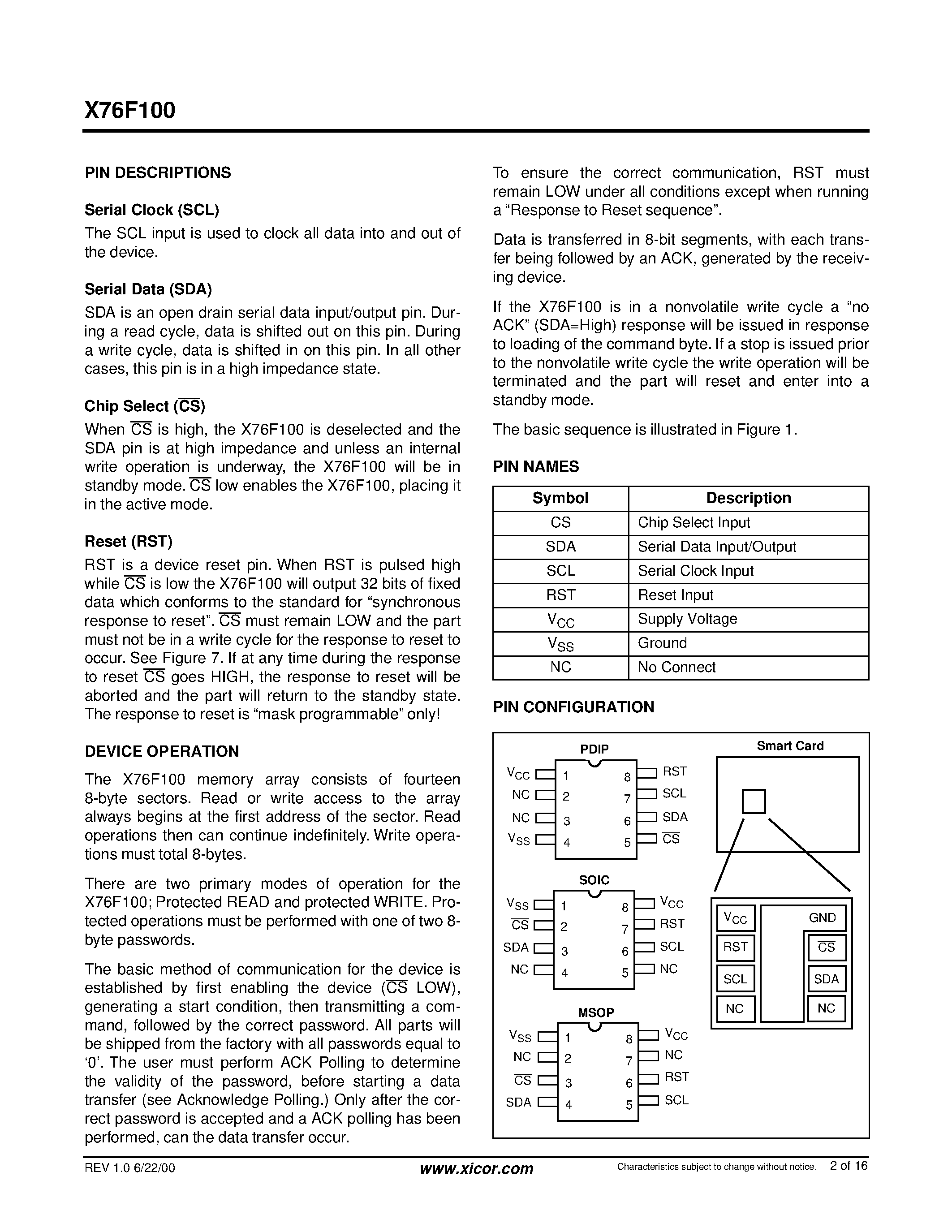 Datasheet X76F100PI-3.0 - 1K 128 x 8 Bit page 2