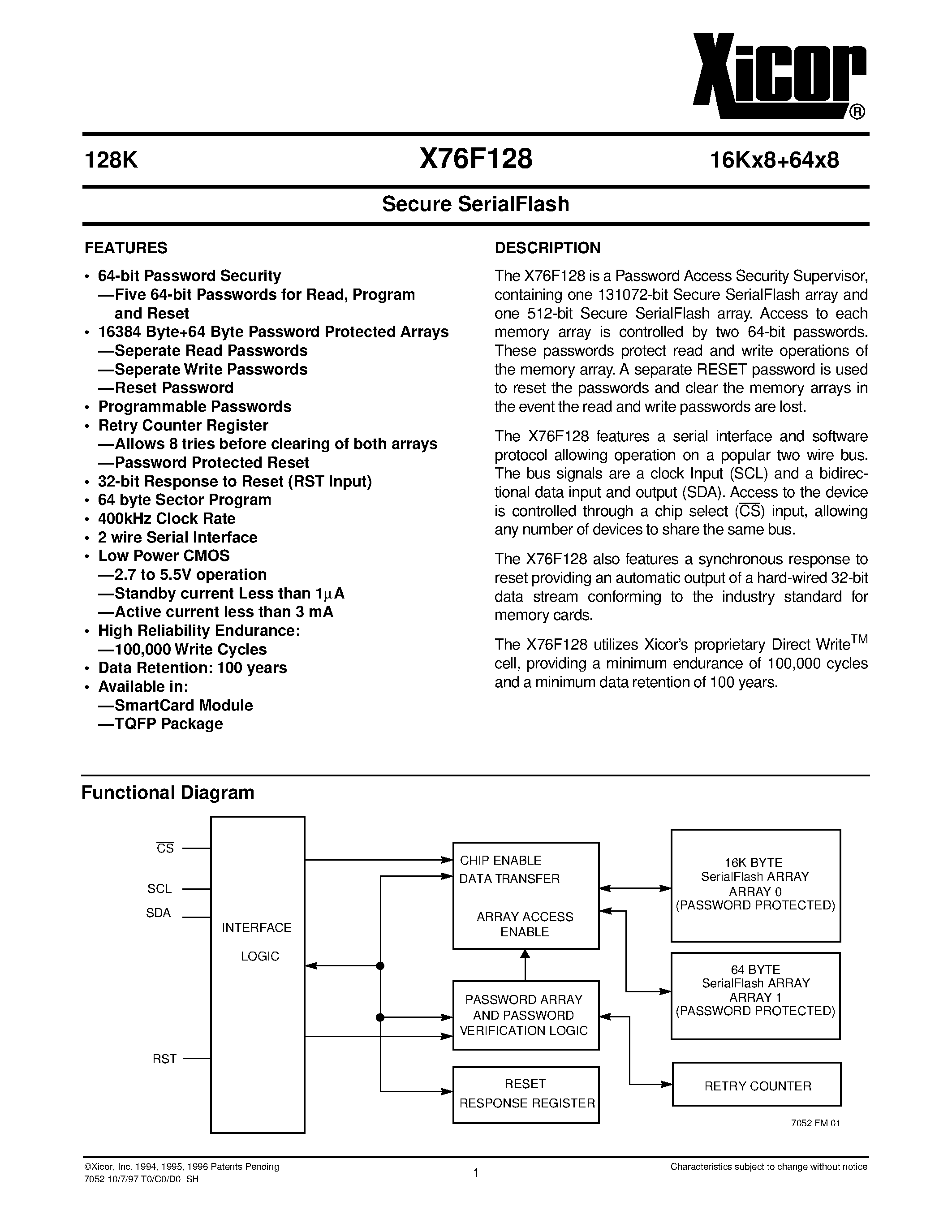 Даташит X76F128YE-2.7 - Secure SerialFlash страница 1