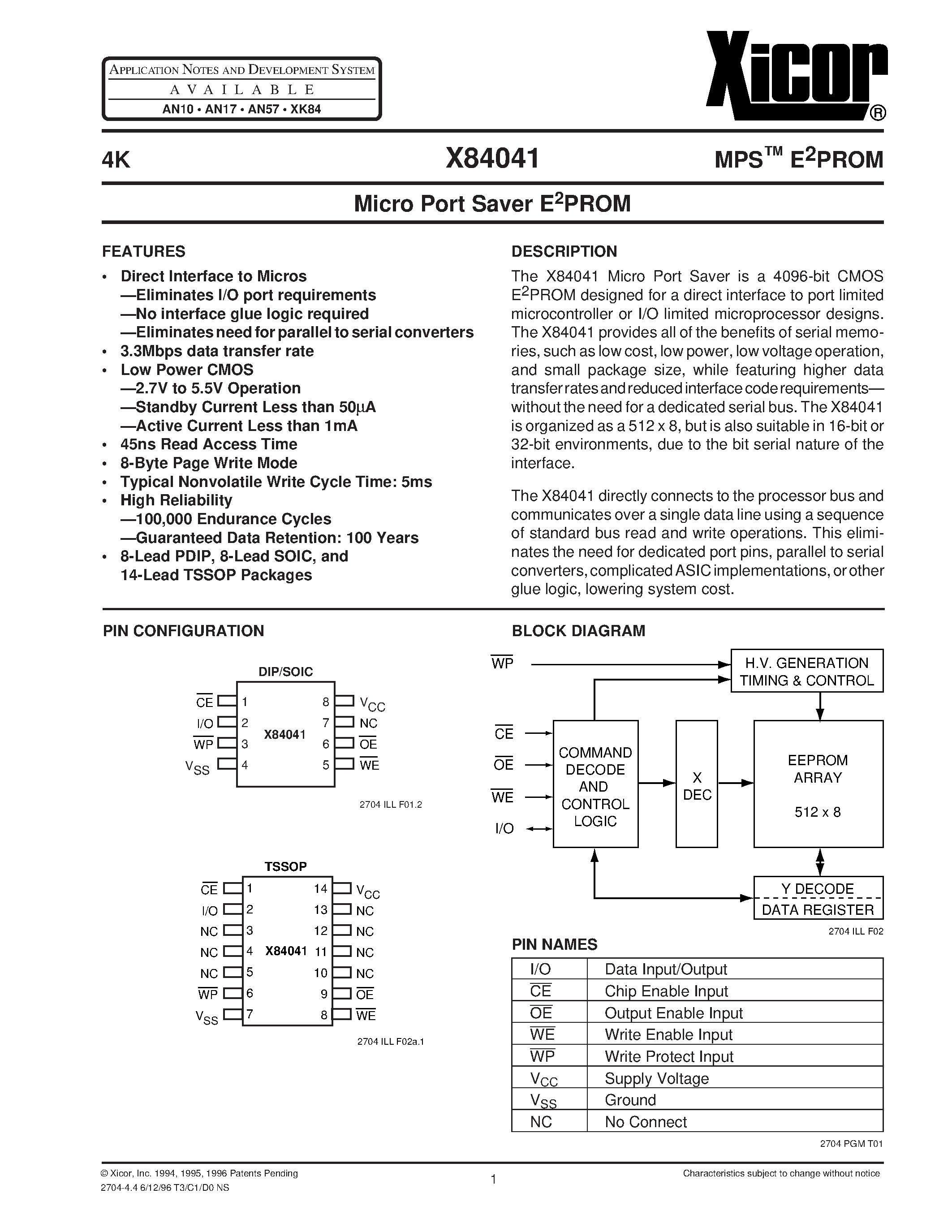 Datasheet X84041PI-3 - Micro Port Saver E2PROM page 1