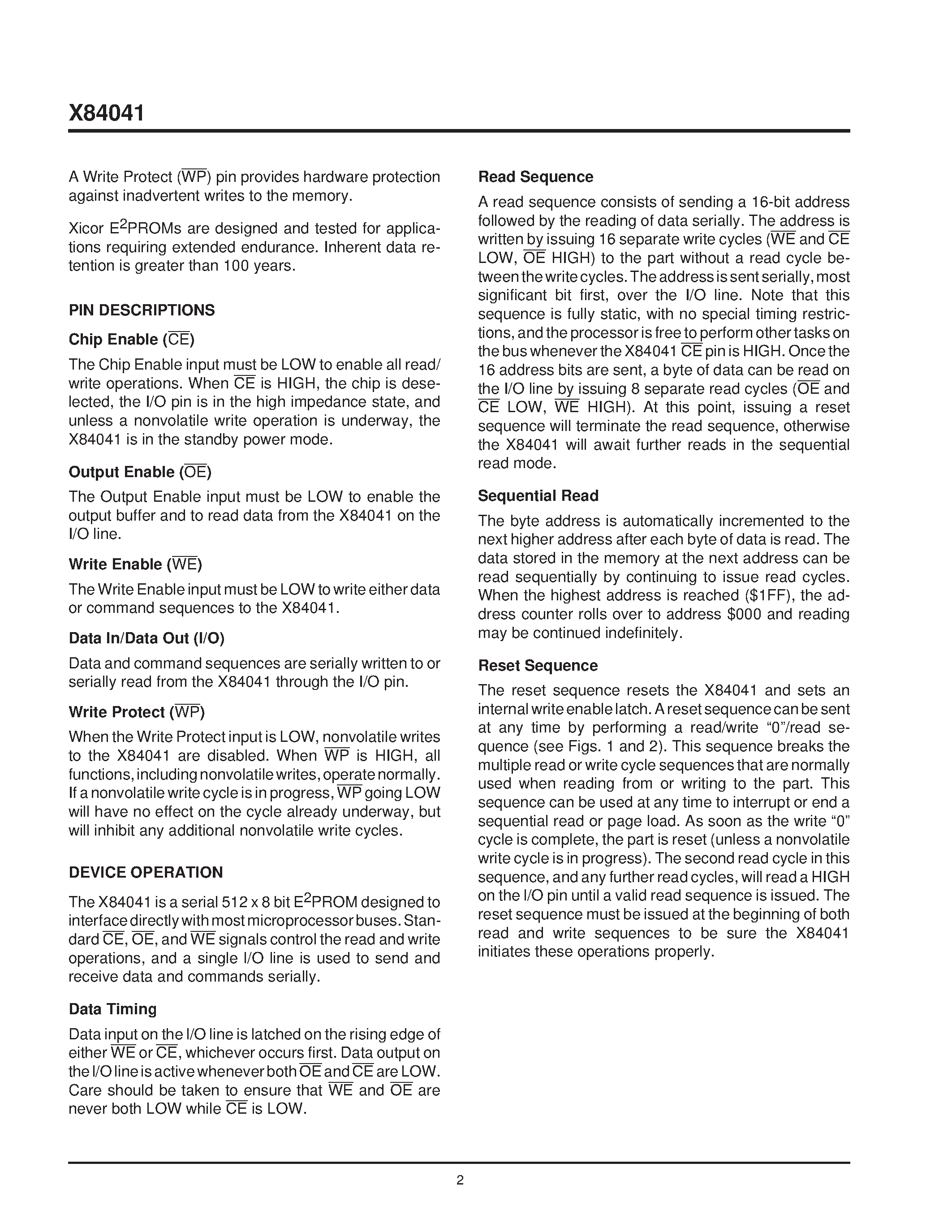 Datasheet X84041S-3 page 2 Datasheet X84041S-3 - Micro Port Saver E2PROM page 2