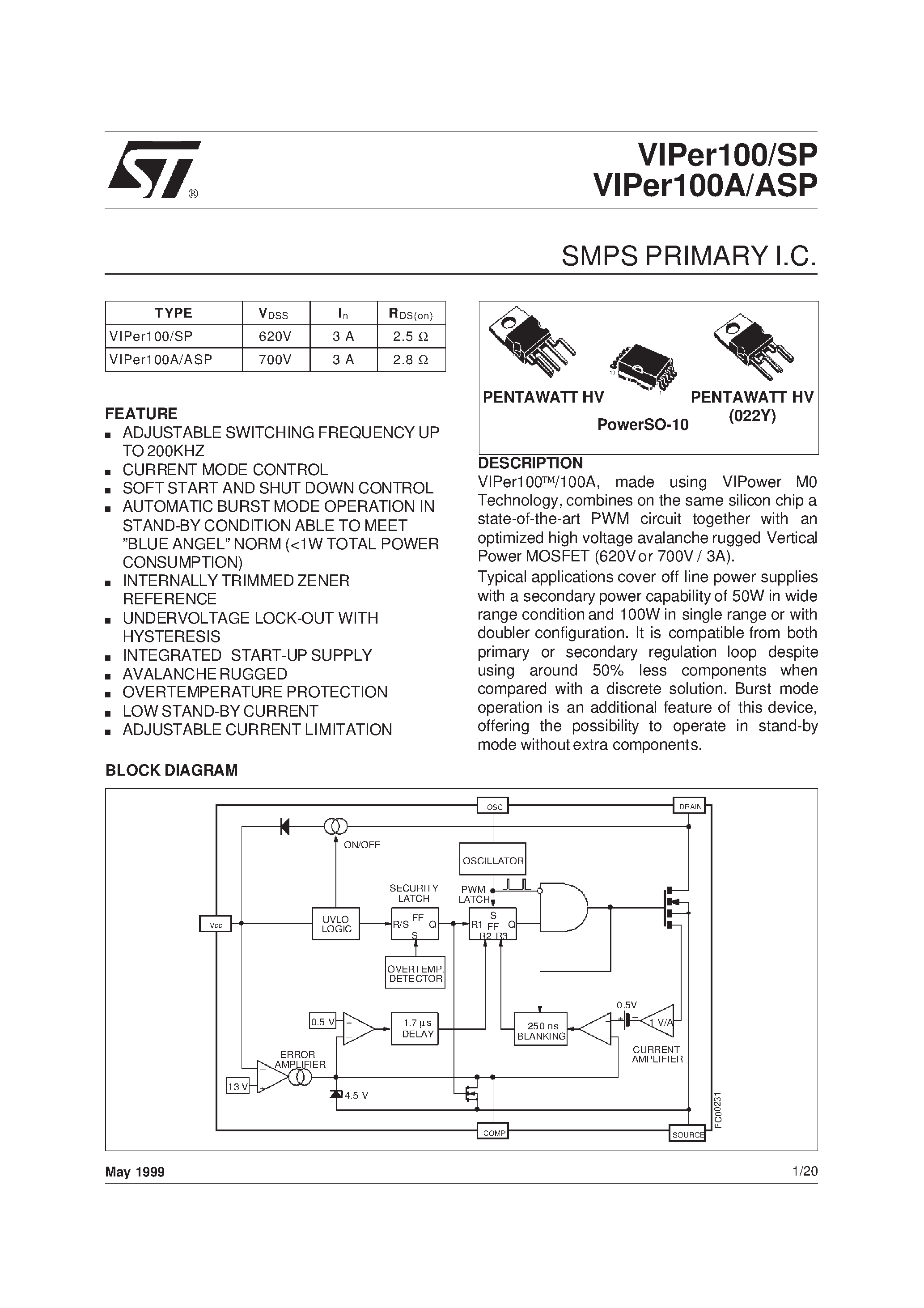 Datasheet VIPer100ASP page 1 Datasheet VIPer100ASP - SMPS PRIMARY I.C. page 1