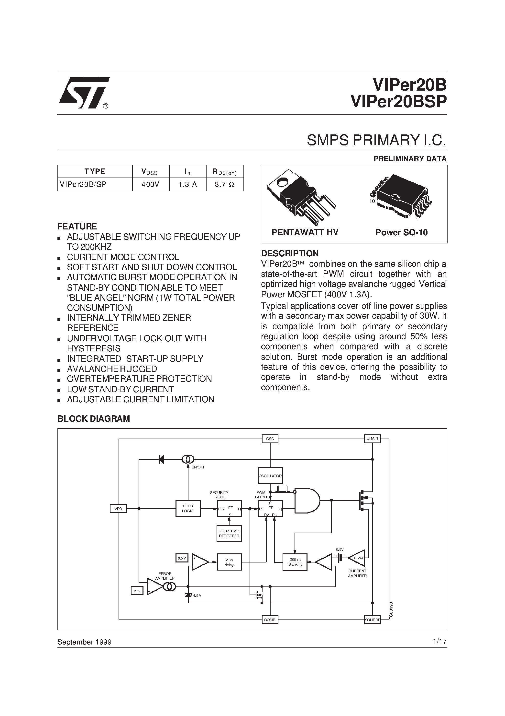 Datasheet VIPER20B page 1 Datasheet VIPER20B - SMPS PRIMARY I.C. page 1