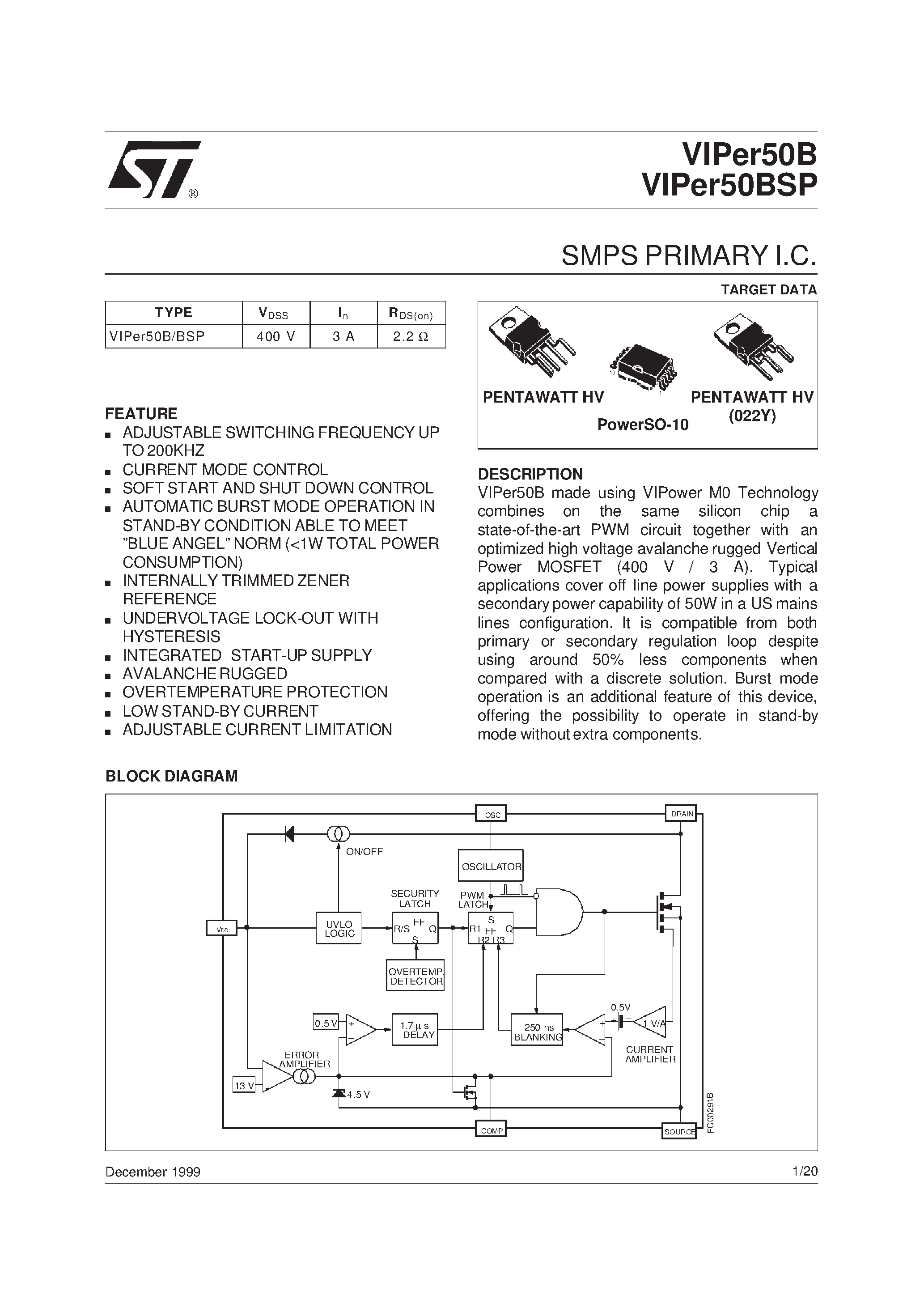 Datasheet VIPER50B page 1 Datasheet VIPER50B - SMPS PRIMARY I.C. page 1