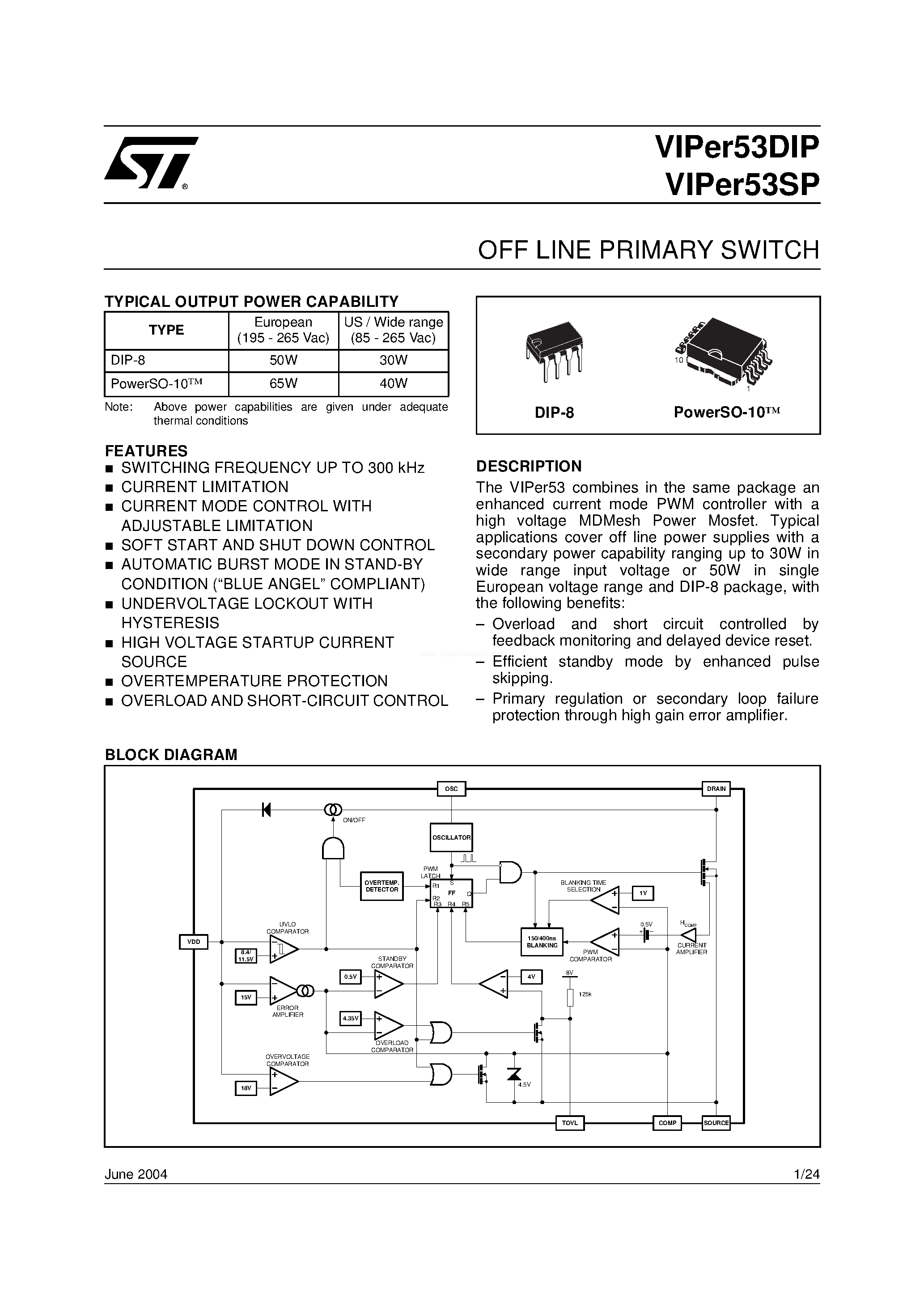 Datasheet VIPER53SP - OFF LINE PRIMARY SWITCH page 1