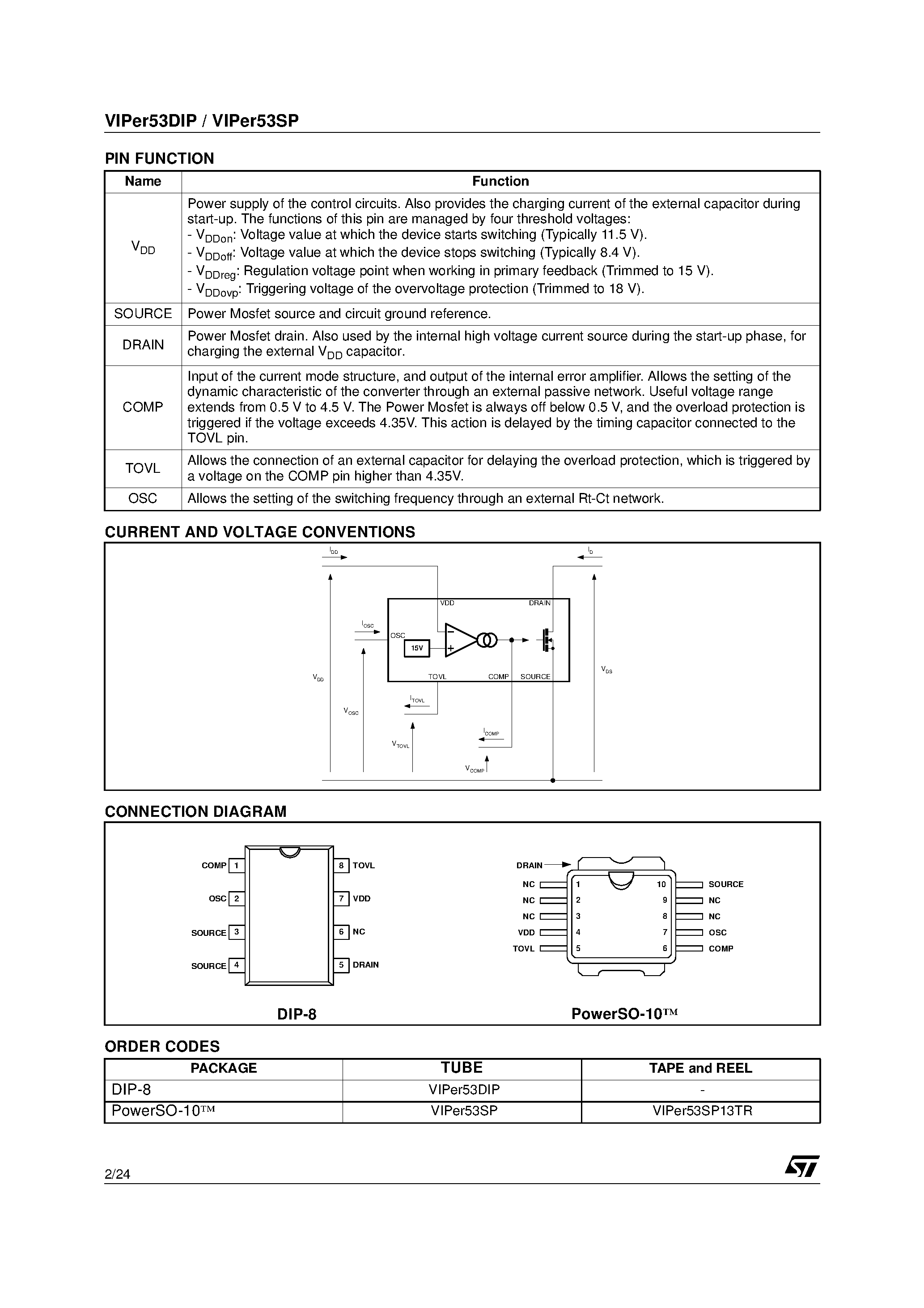 Datasheet VIPER53SP - OFF LINE PRIMARY SWITCH page 2