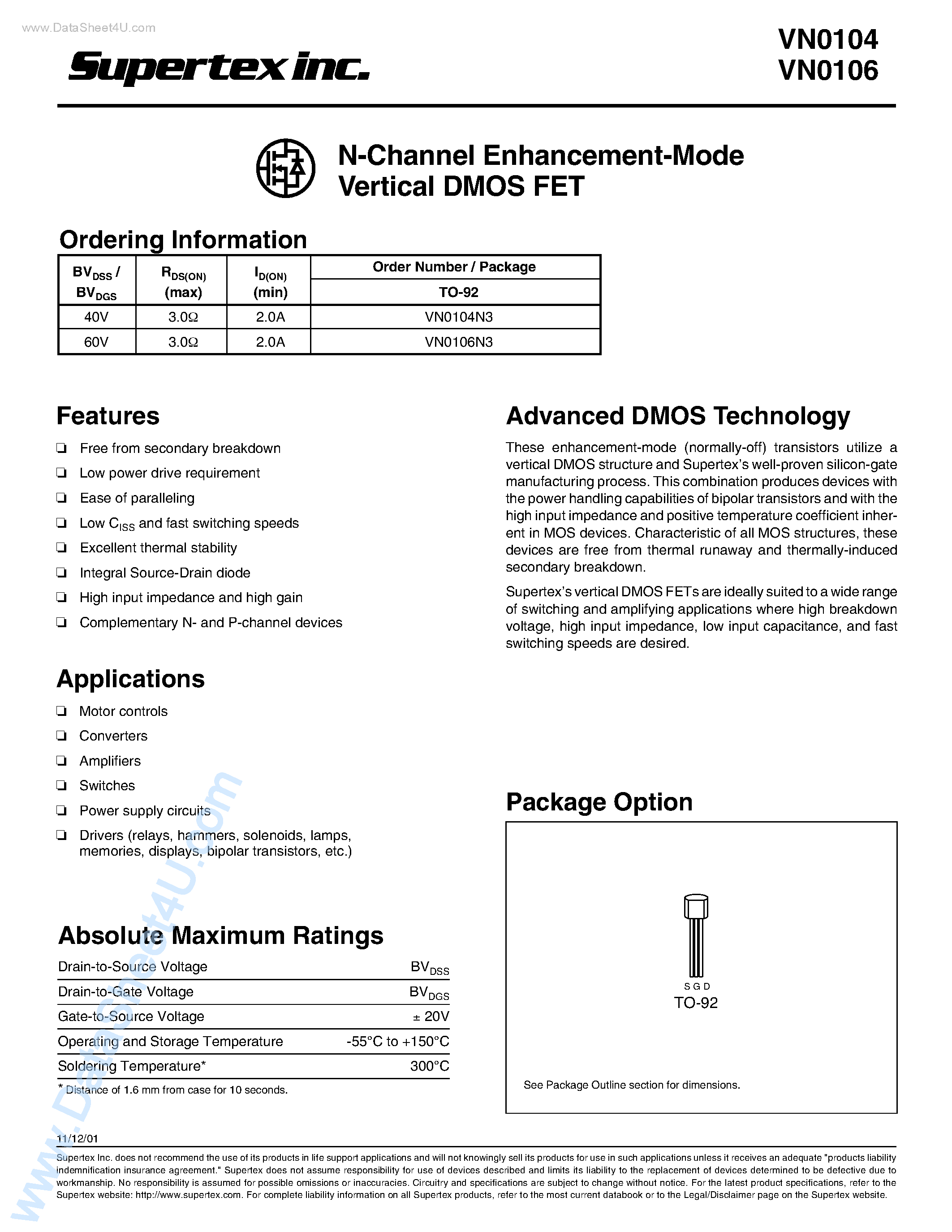Datasheet VN0104N3 - N-Channel Enhancement-Mode Vertical DMOS FET page 1