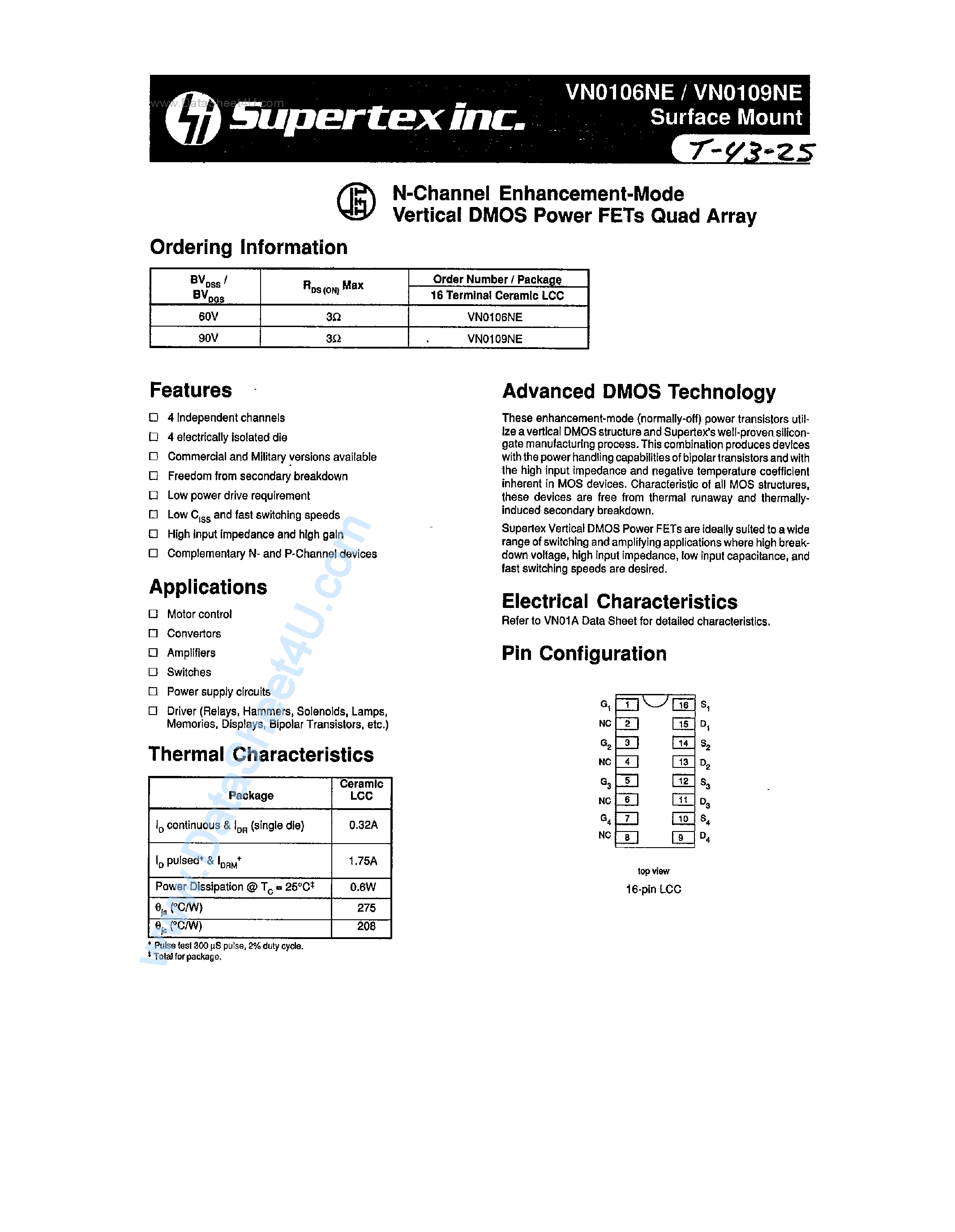 Datasheet VN0106NE - N-Channel Enhancement-Mode Vertical DMOS Power FETs Quad Array page 1