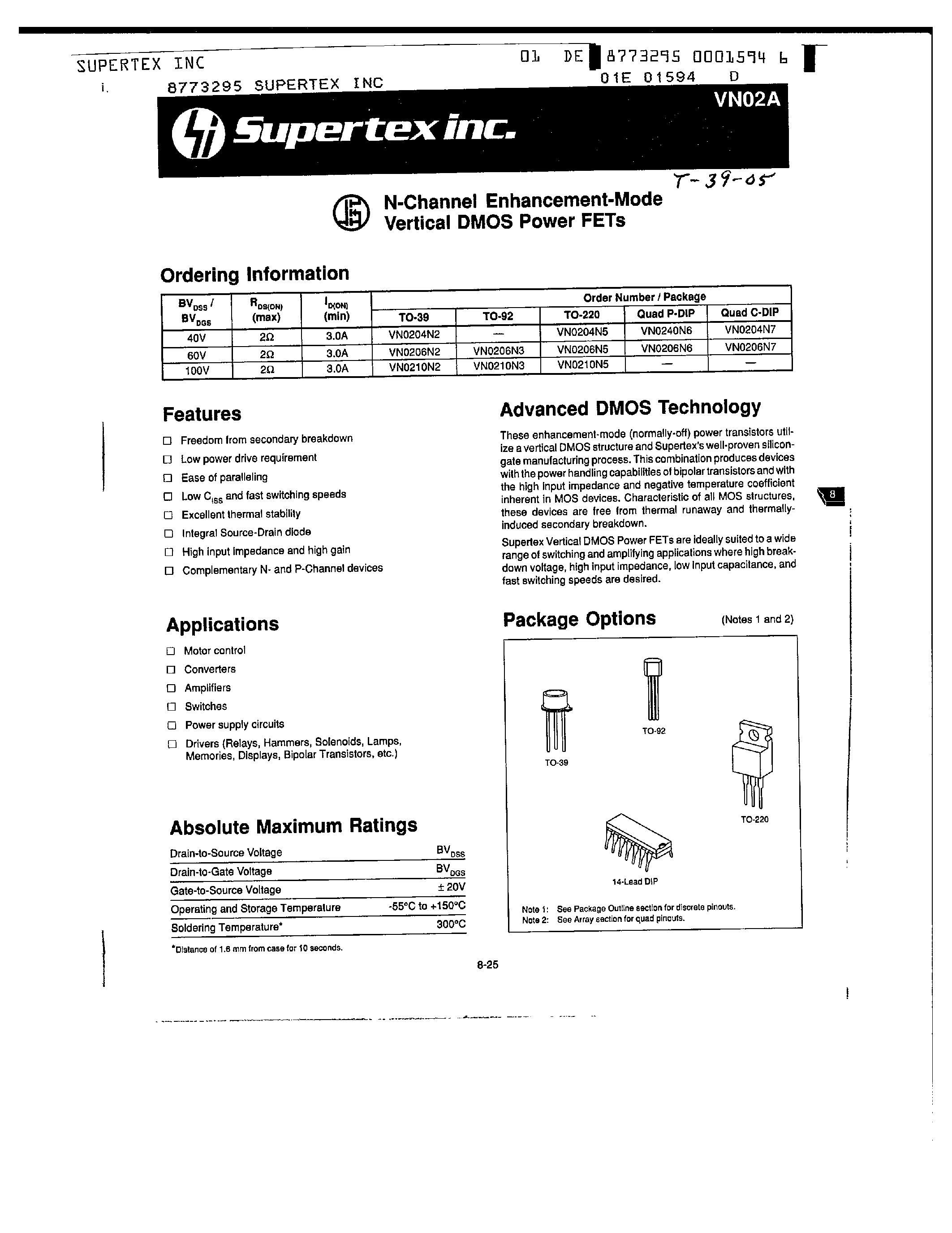 Datasheet VN0204N6 - N-Channel Enhancement-Mode Vertical DMOS Power FETs Quad Array page 1