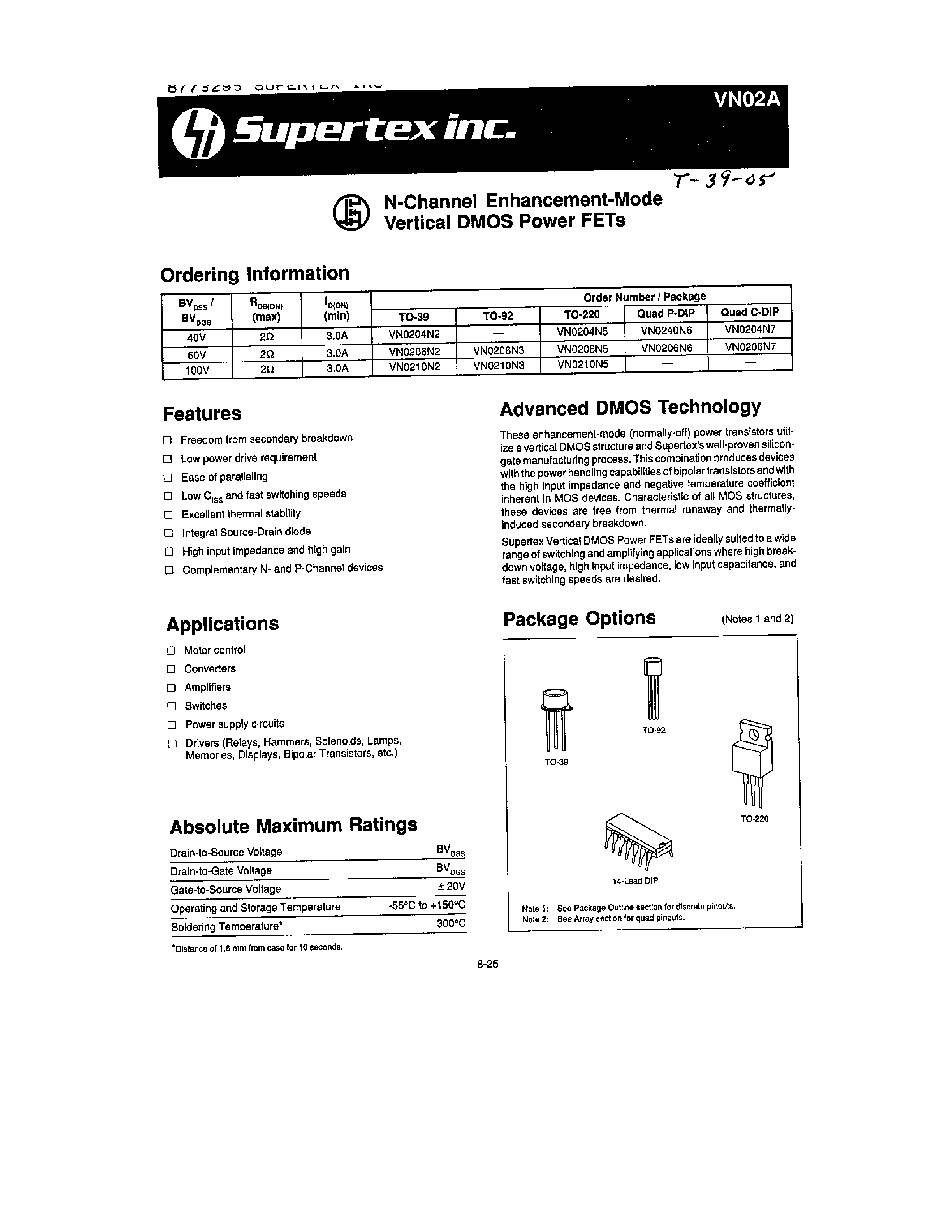 Datasheet VN02A - N-Channel Enhancement-Mode Vertical DMOS Power FETs page 1