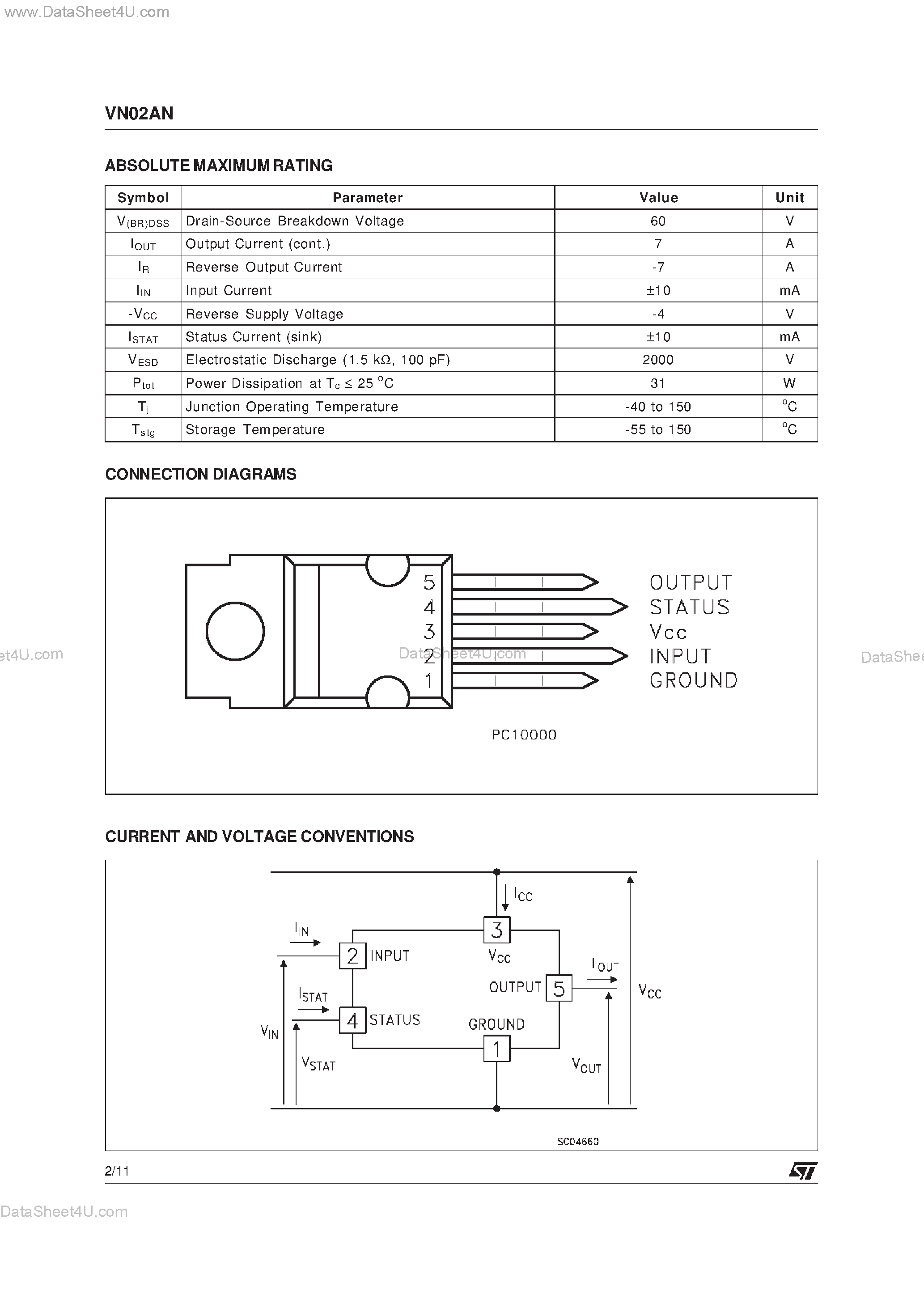 Даташит VN02AN - HIGH SIDE SMART POWER SOLID STATE RELAY страница 2