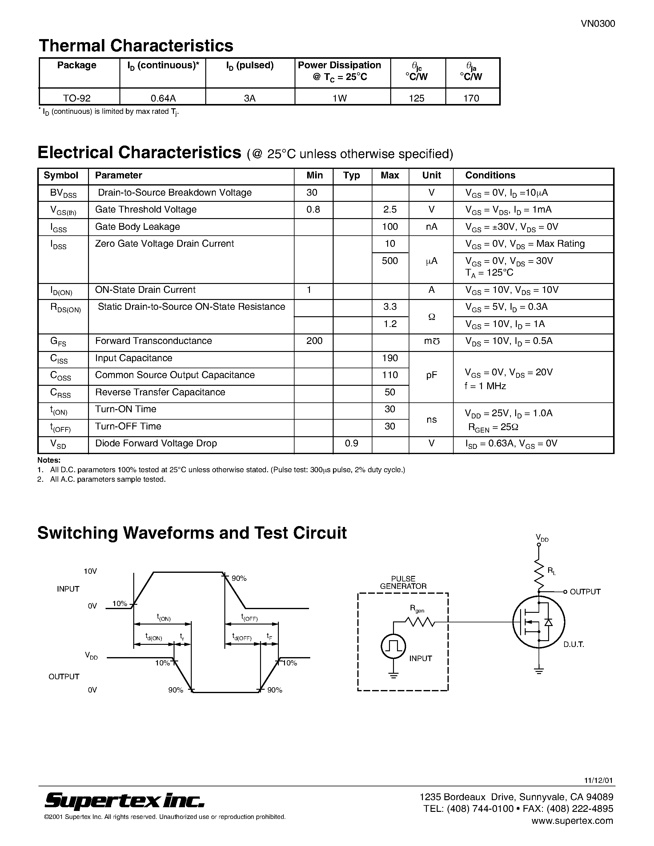 Datasheet VN0300 - N-Channel Enhancement-Mode Vertical DMOS Power FETs page 2