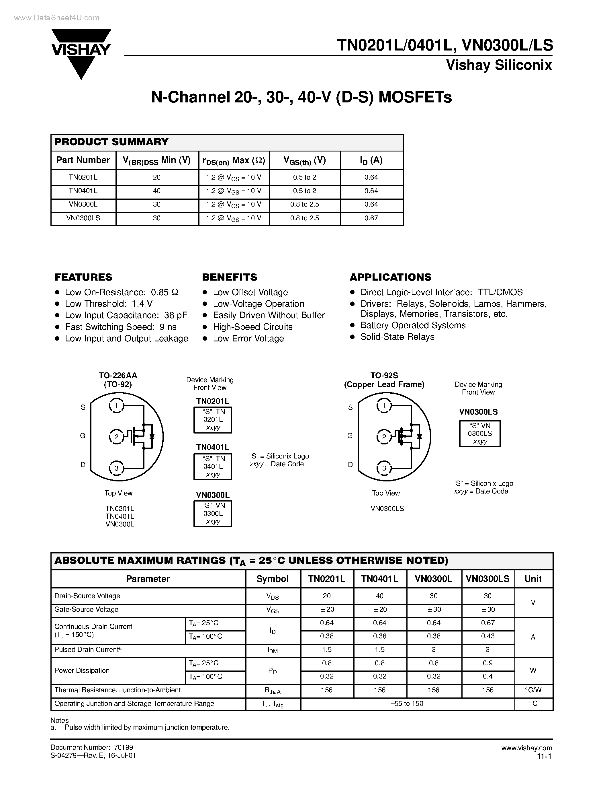 Datasheet VN0300L - N-Channel 20-/ 30-/ 40-V (D-S) MOSFETs page 1