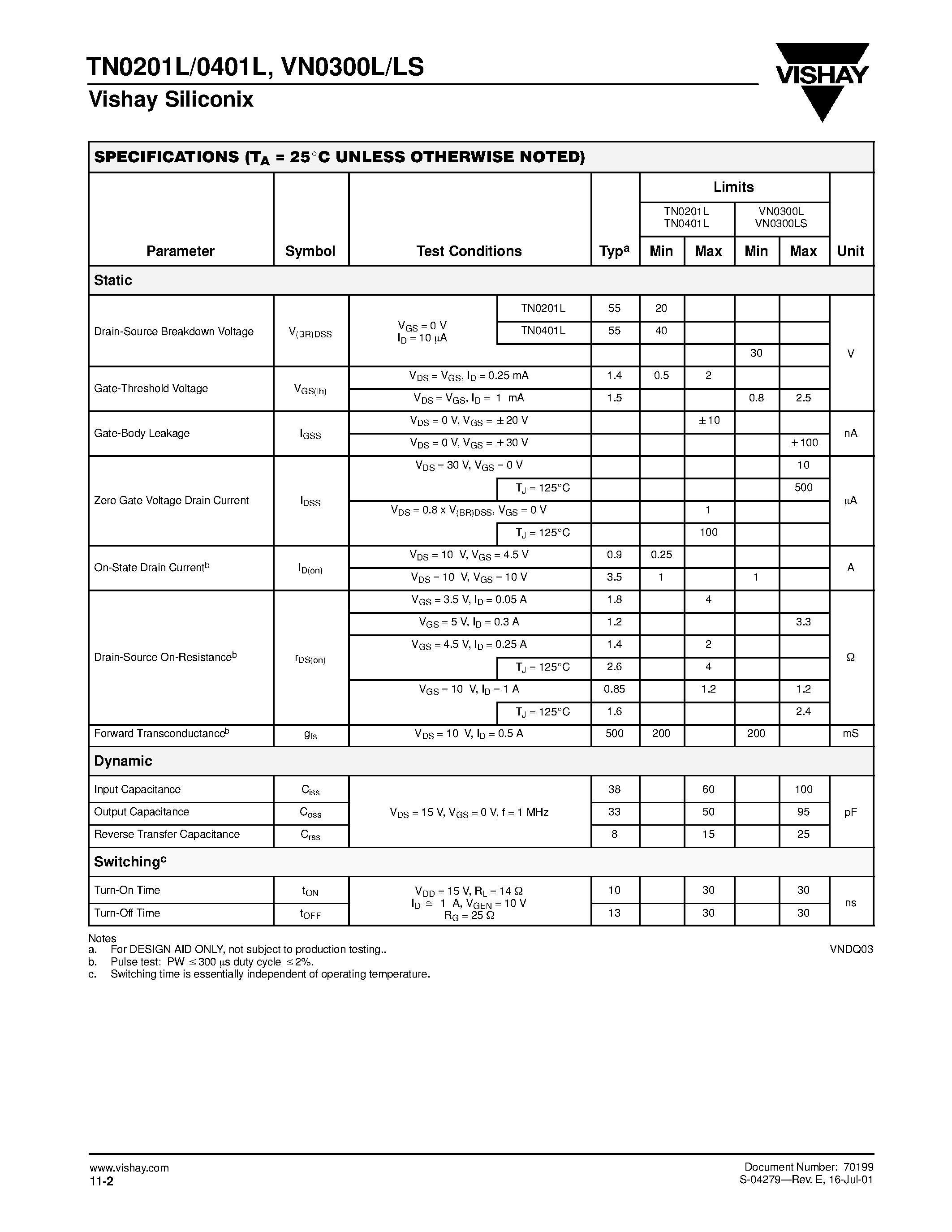 Datasheet VN0300L - N-Channel 20-/ 30-/ 40-V (D-S) MOSFETs page 2