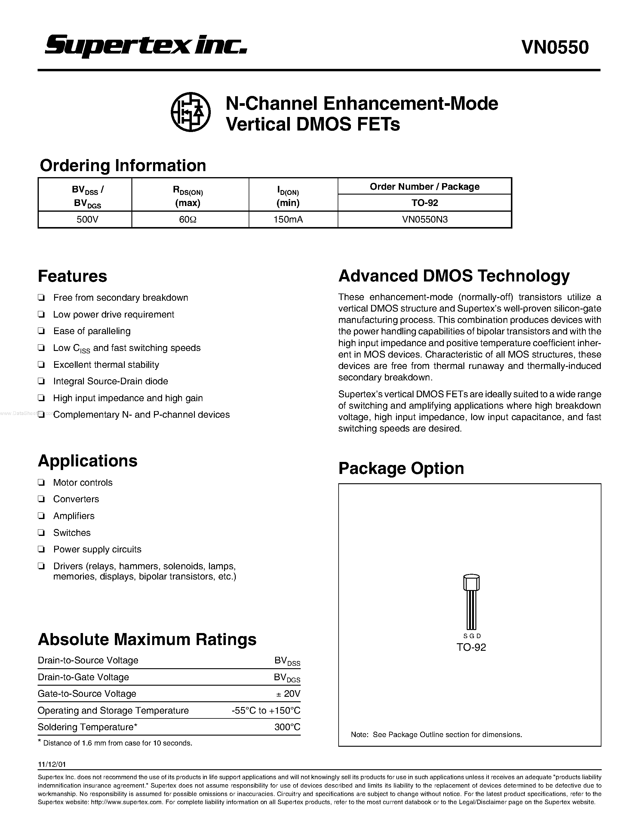 Datasheet VN0550N3 - N-Channel Enhancement-Mode Vertical DMOS FETs page 1
