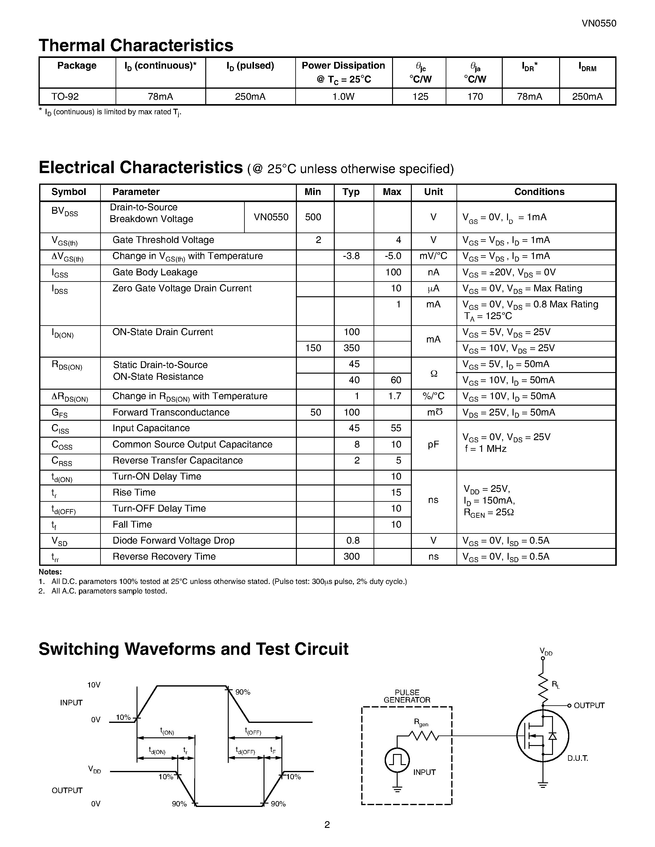 Datasheet VN0550N3 - N-Channel Enhancement-Mode Vertical DMOS FETs page 2