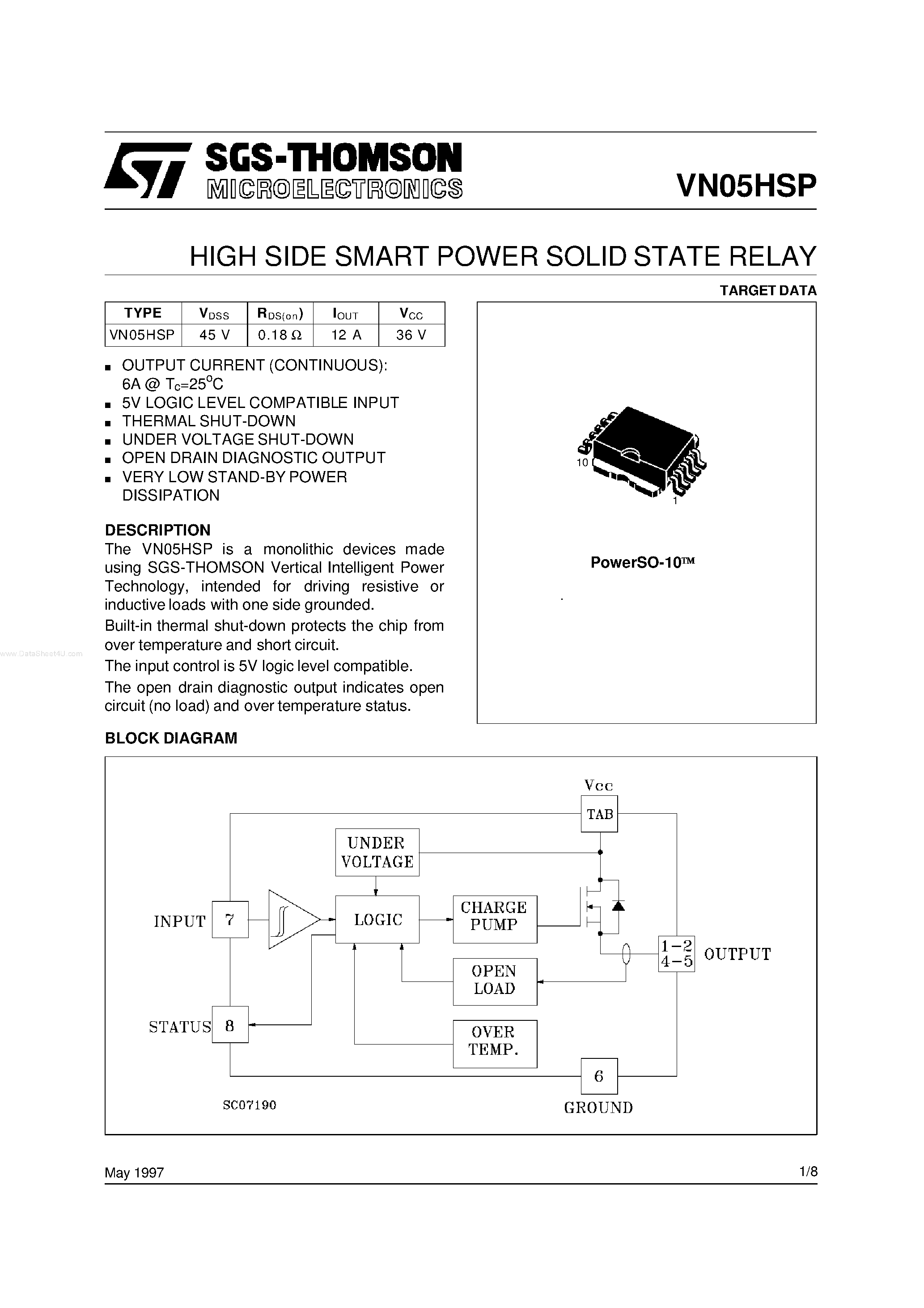 Даташит VN05HSP - HIGH SIDE SMART POWER SOLID STATE RELAY страница 1