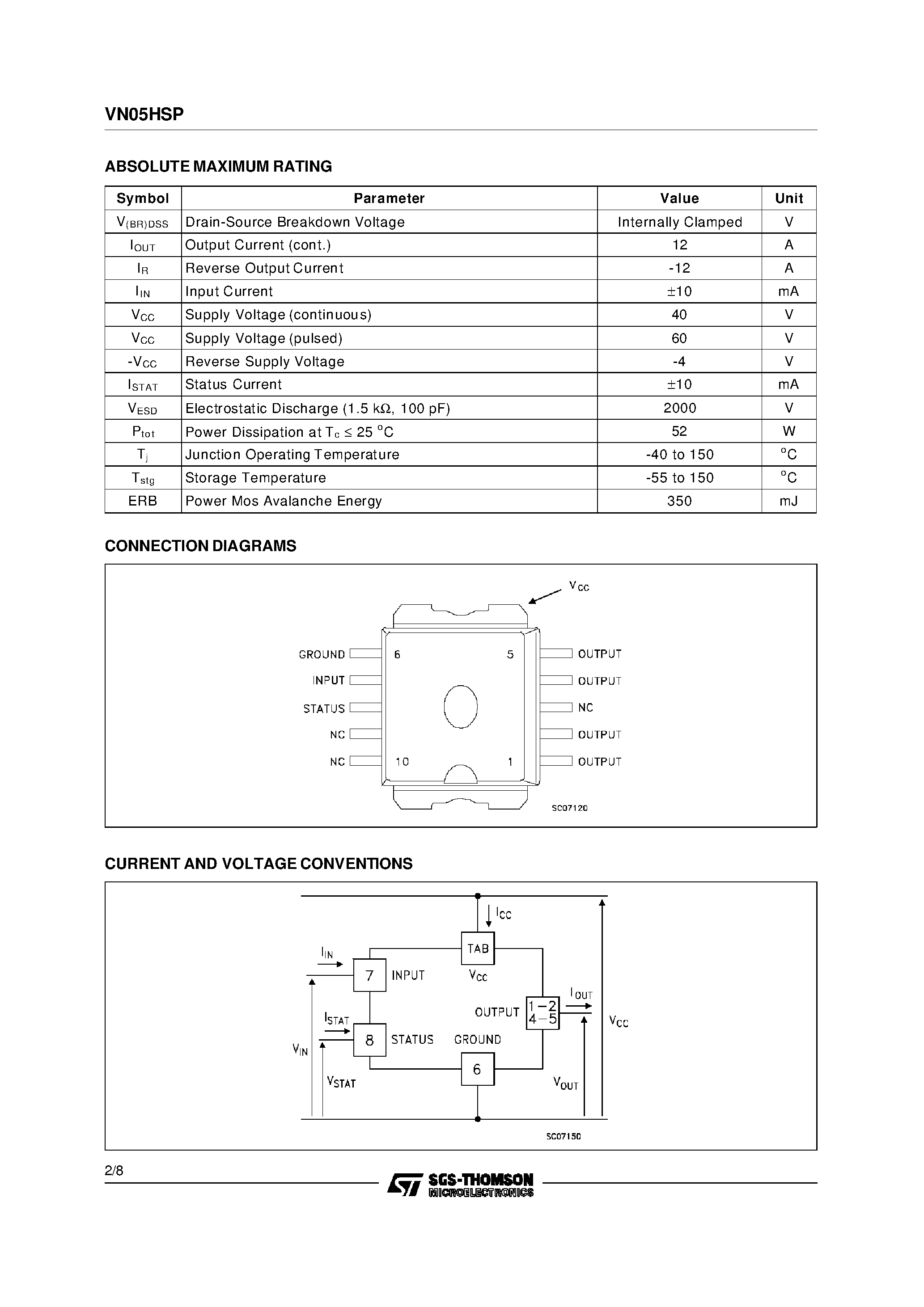 Даташит VN05HSP - HIGH SIDE SMART POWER SOLID STATE RELAY страница 2
