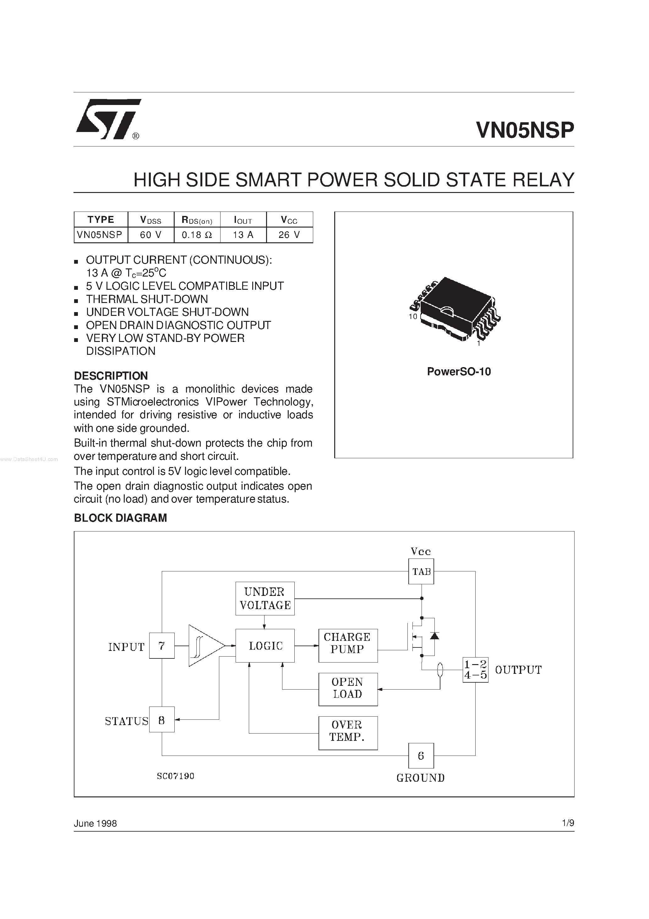 Даташит VN05NSP - HIGH SIDE SMART POWER SOLID STATE RELAY страница 1