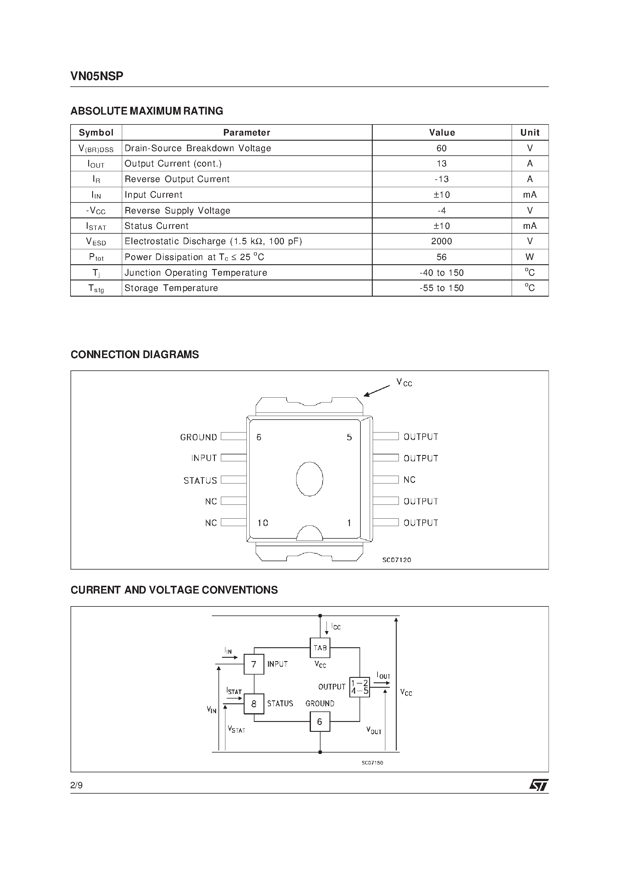 Даташит VN05NSP - HIGH SIDE SMART POWER SOLID STATE RELAY страница 2