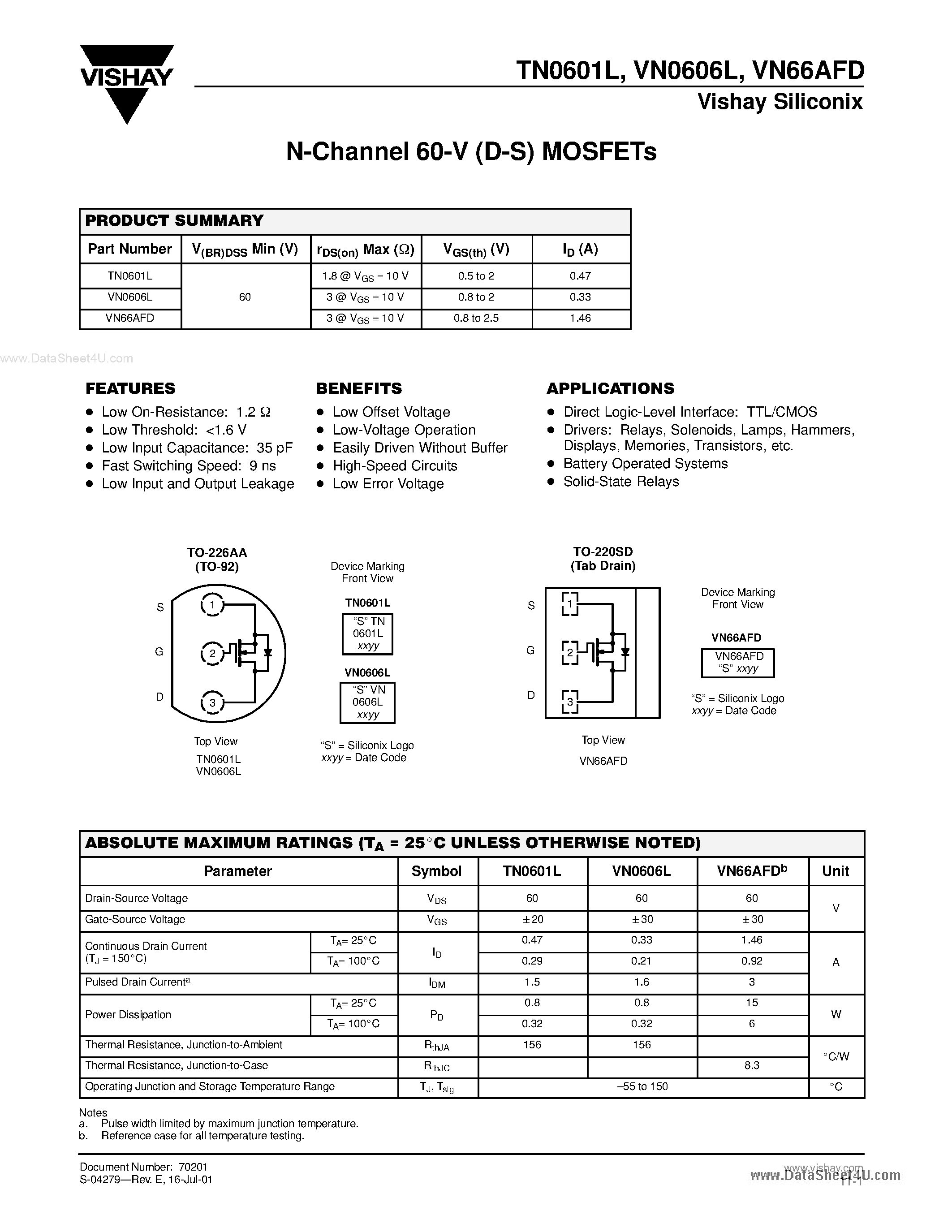 Datasheet VN0606L - N-Channel 60-V (D-S) MOSFETs page 1