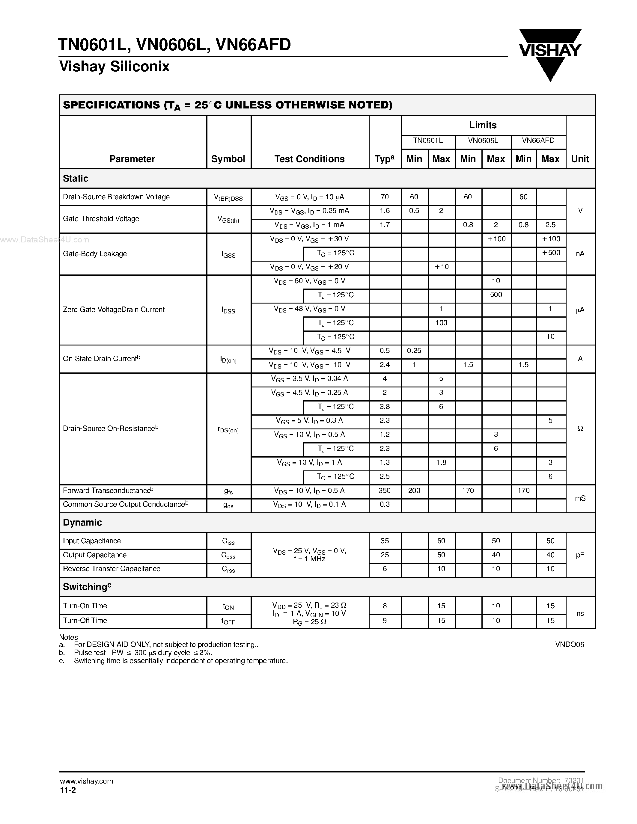 Datasheet VN0606L - N-Channel 60-V (D-S) MOSFETs page 2