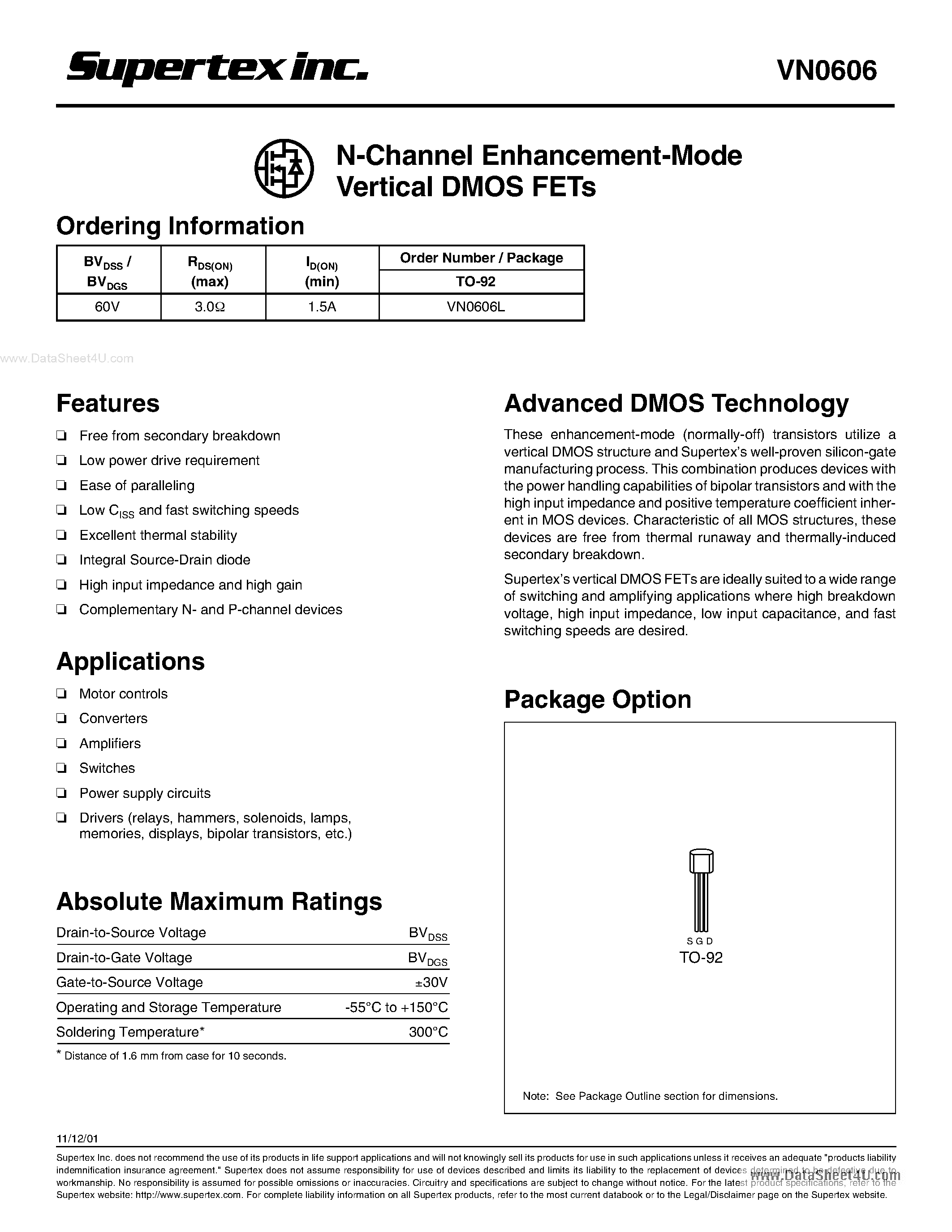 Datasheet VN0606L - N-Channel Enhancement-Mode Vertical DMOS FETs page 1