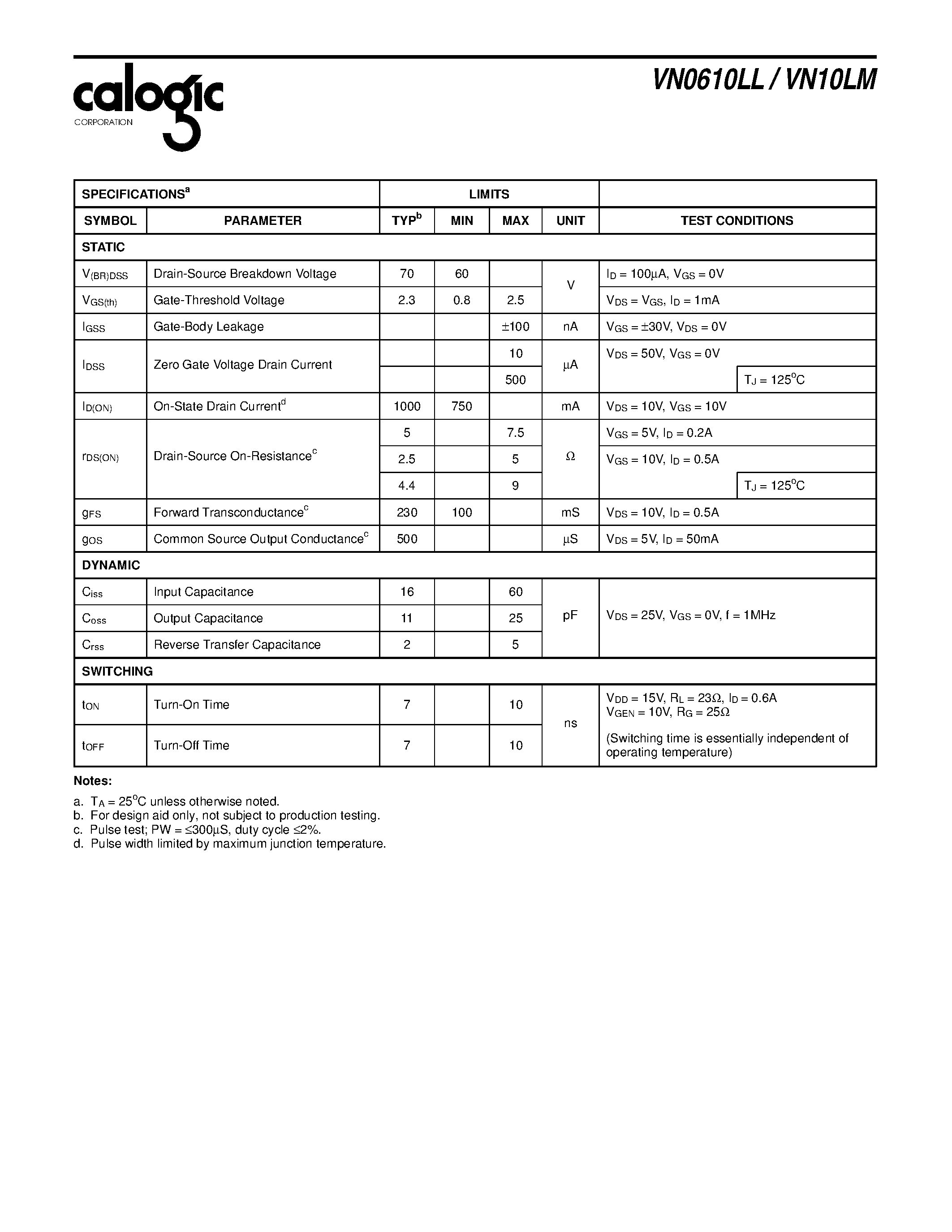 Даташит VN0610LL - N-Channel Enhancement-Mode MOS Transistors страница 2