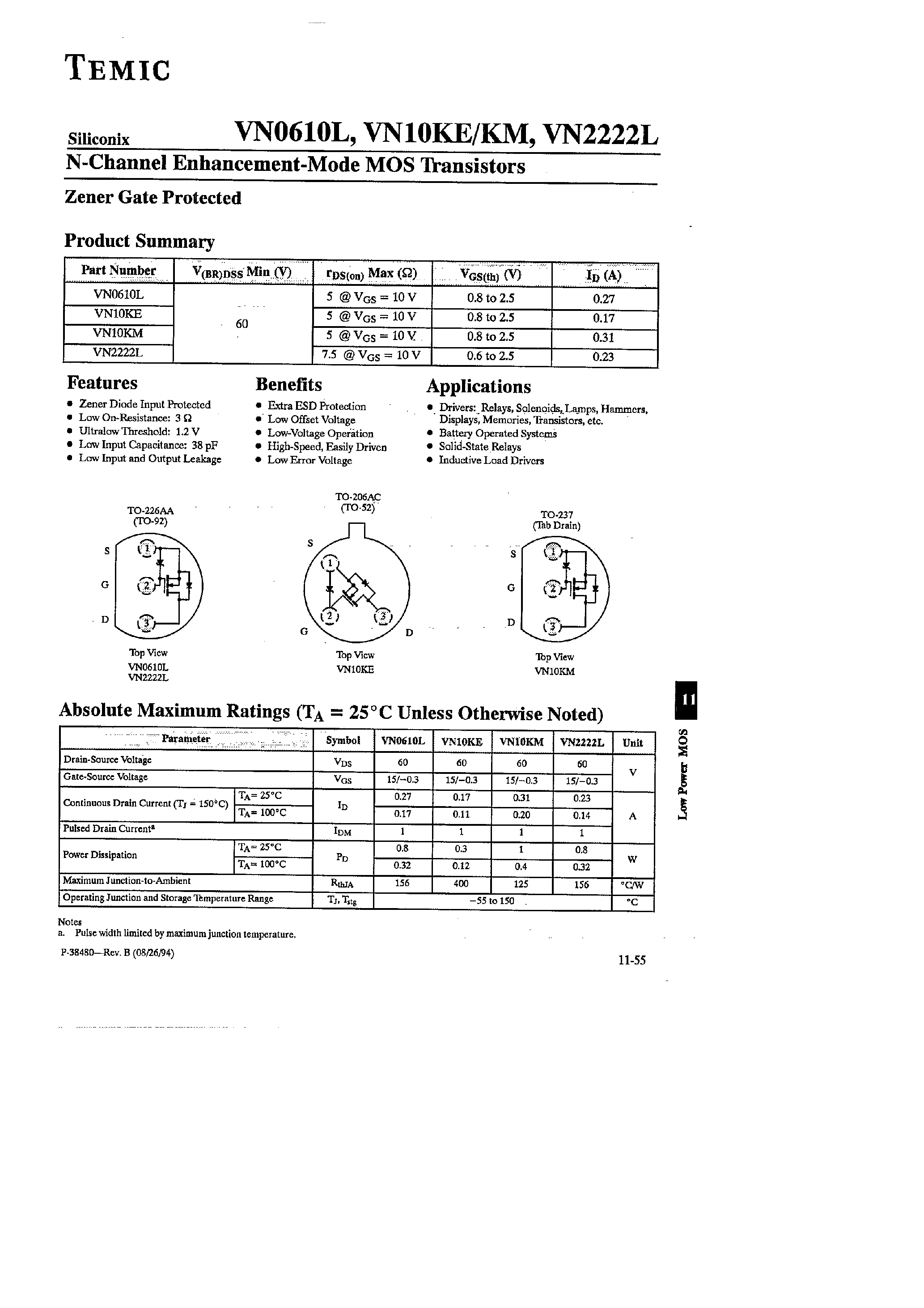 Datasheet VN0610LL - N-Channel 60-V (D-S) MOSFETs page 1