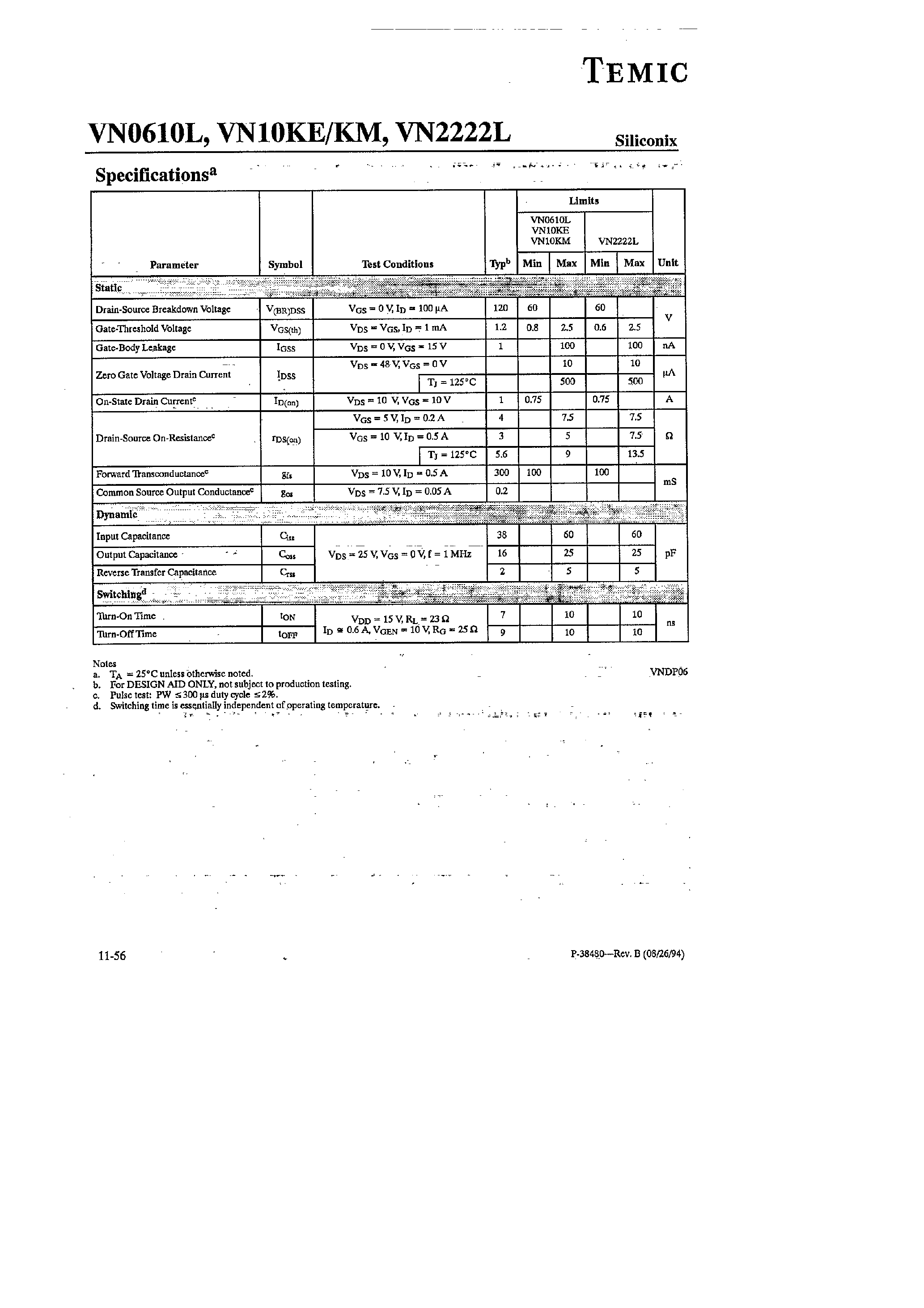 Datasheet VN0610LL - N-Channel 60-V (D-S) MOSFETs page 2