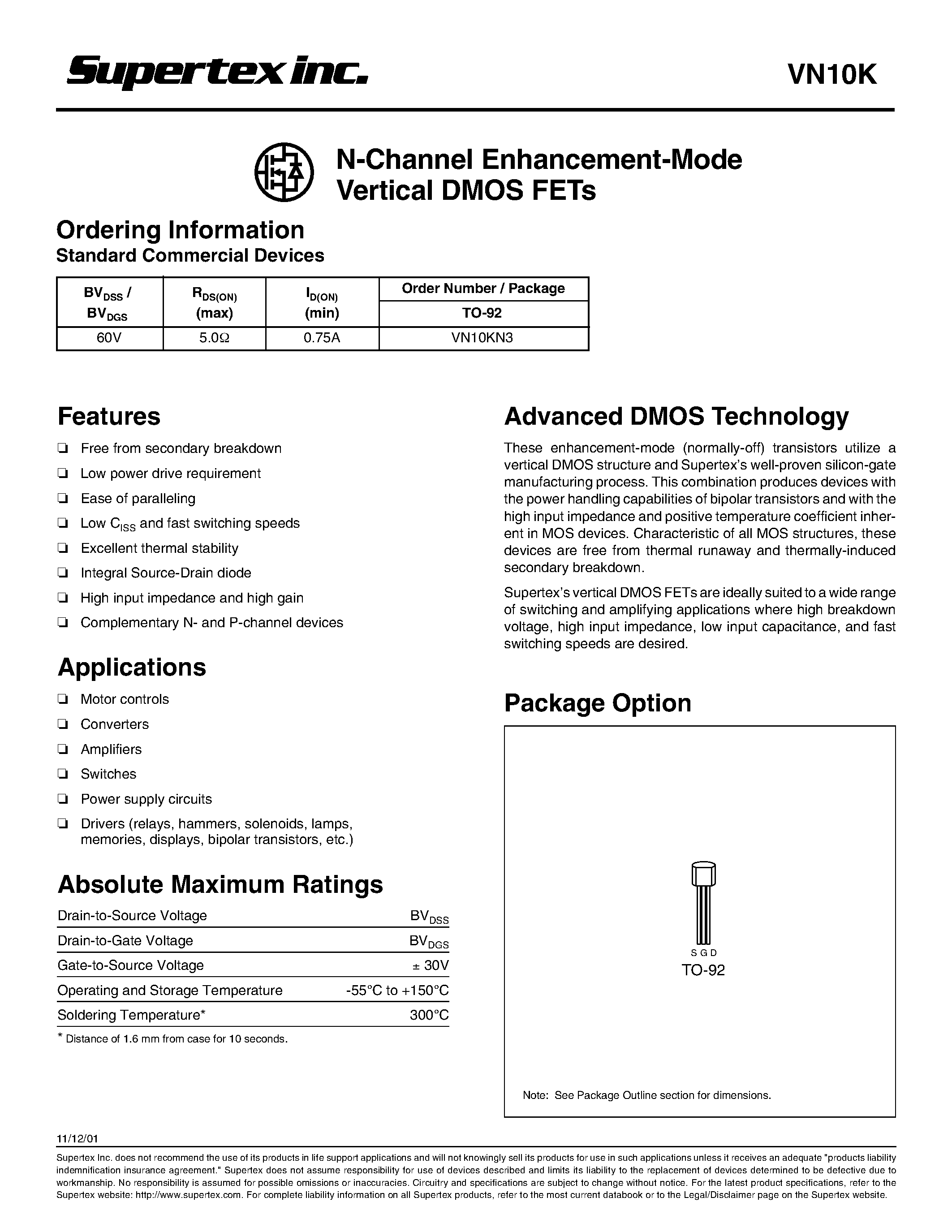 Datasheet VN10K - N-Channel Enhancement-Mode Vertical DMOS FETs page 1