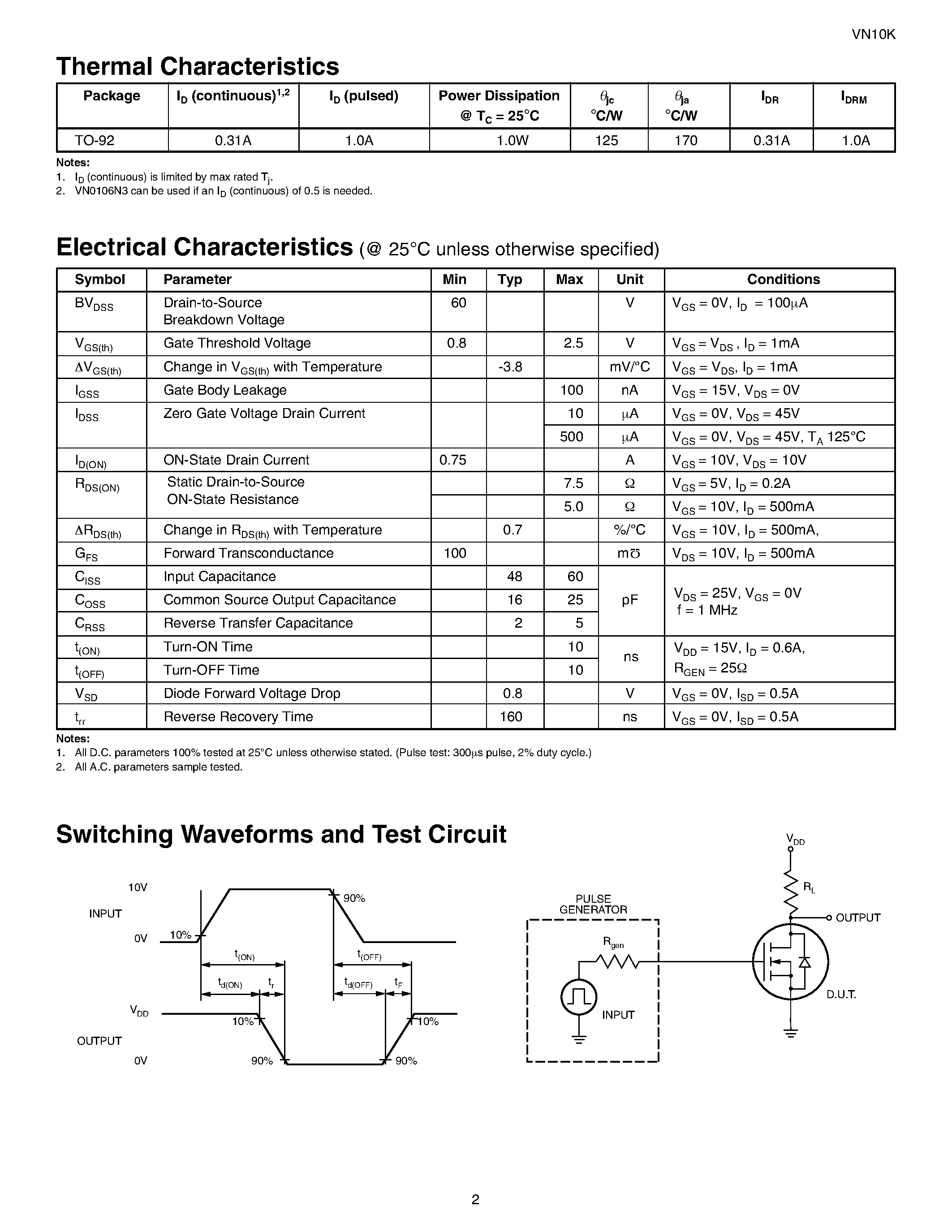 Datasheet VN10K - N-Channel Enhancement-Mode Vertical DMOS FETs page 2