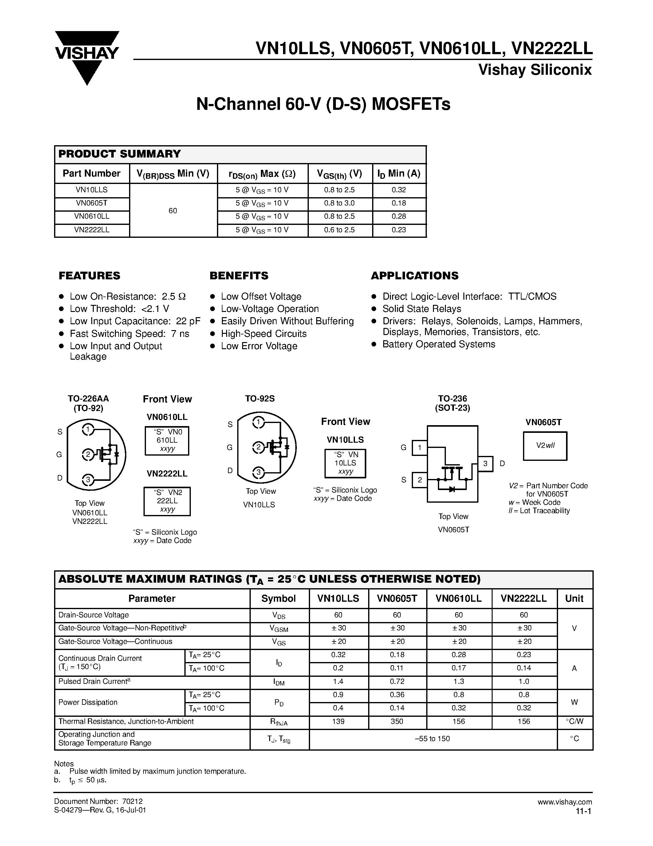 Datasheet VN10LLS - N-Channel 60-V (D-S) MOSFETs page 1