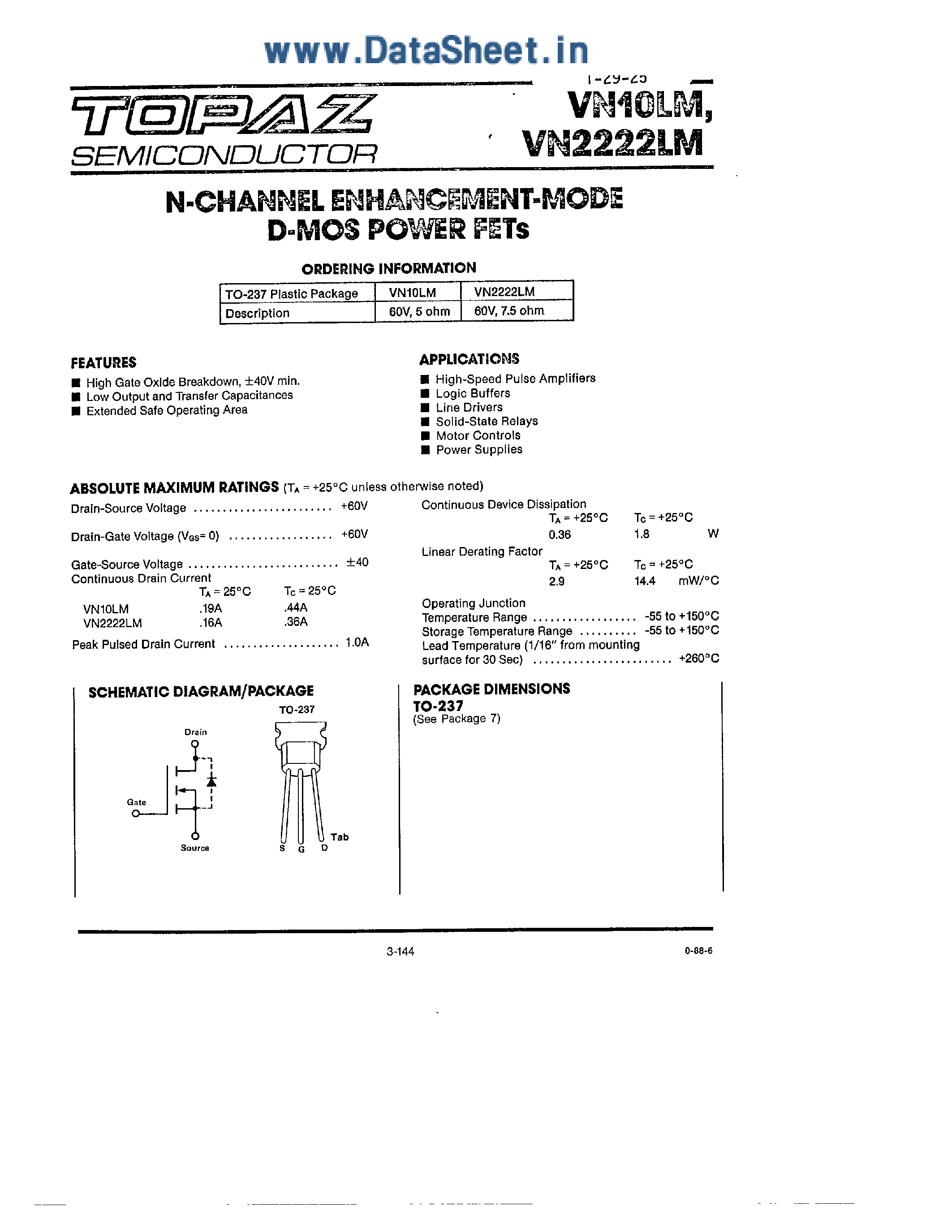 Datasheet VN10LM - N CHANNEL ENHANCEMENT MODE D MOS POWER FETS page 1