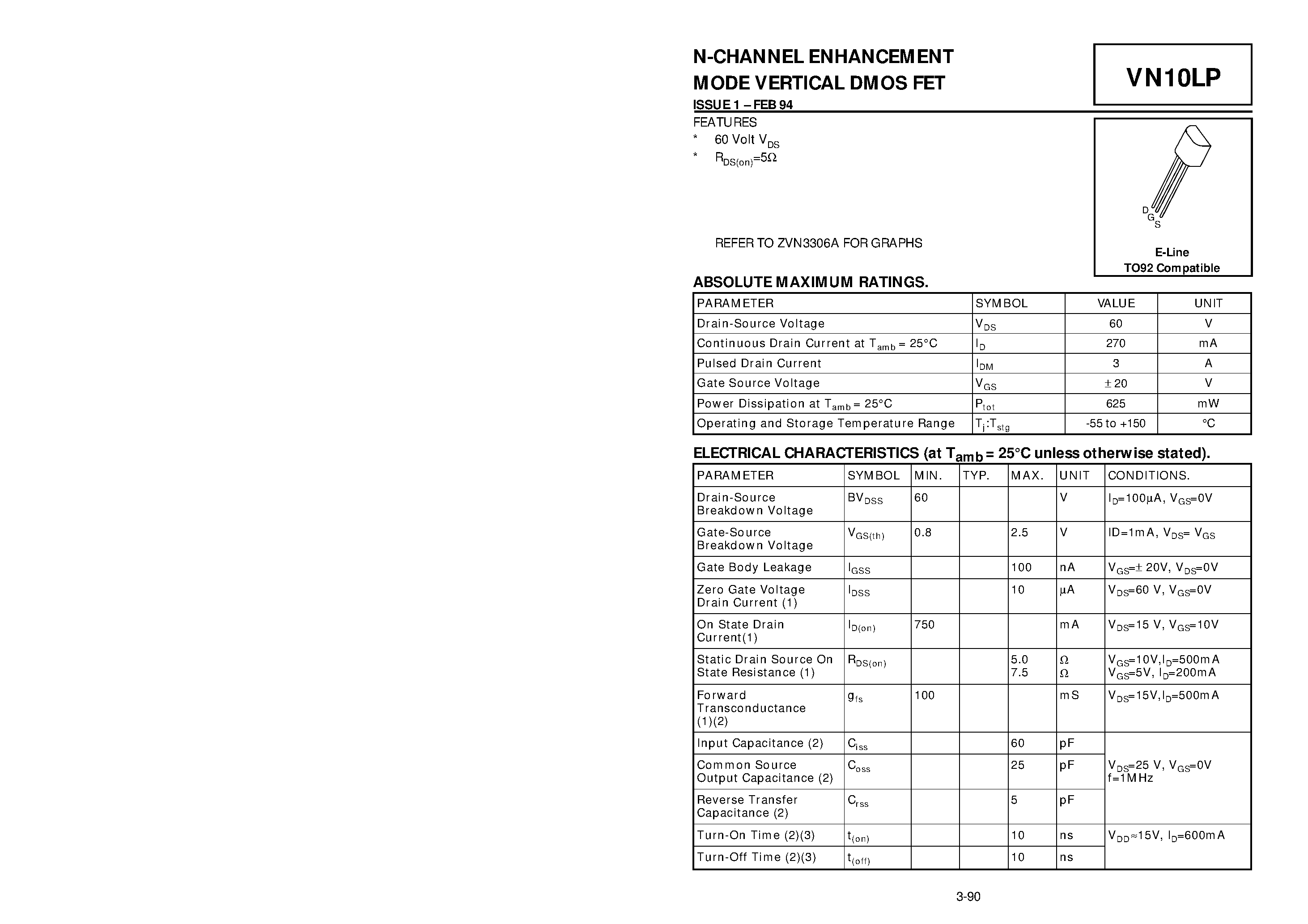 Datasheet VN10LP - N-CHANNEL ENHANCEMENT MODE VERTICAL DMOS FET page 1