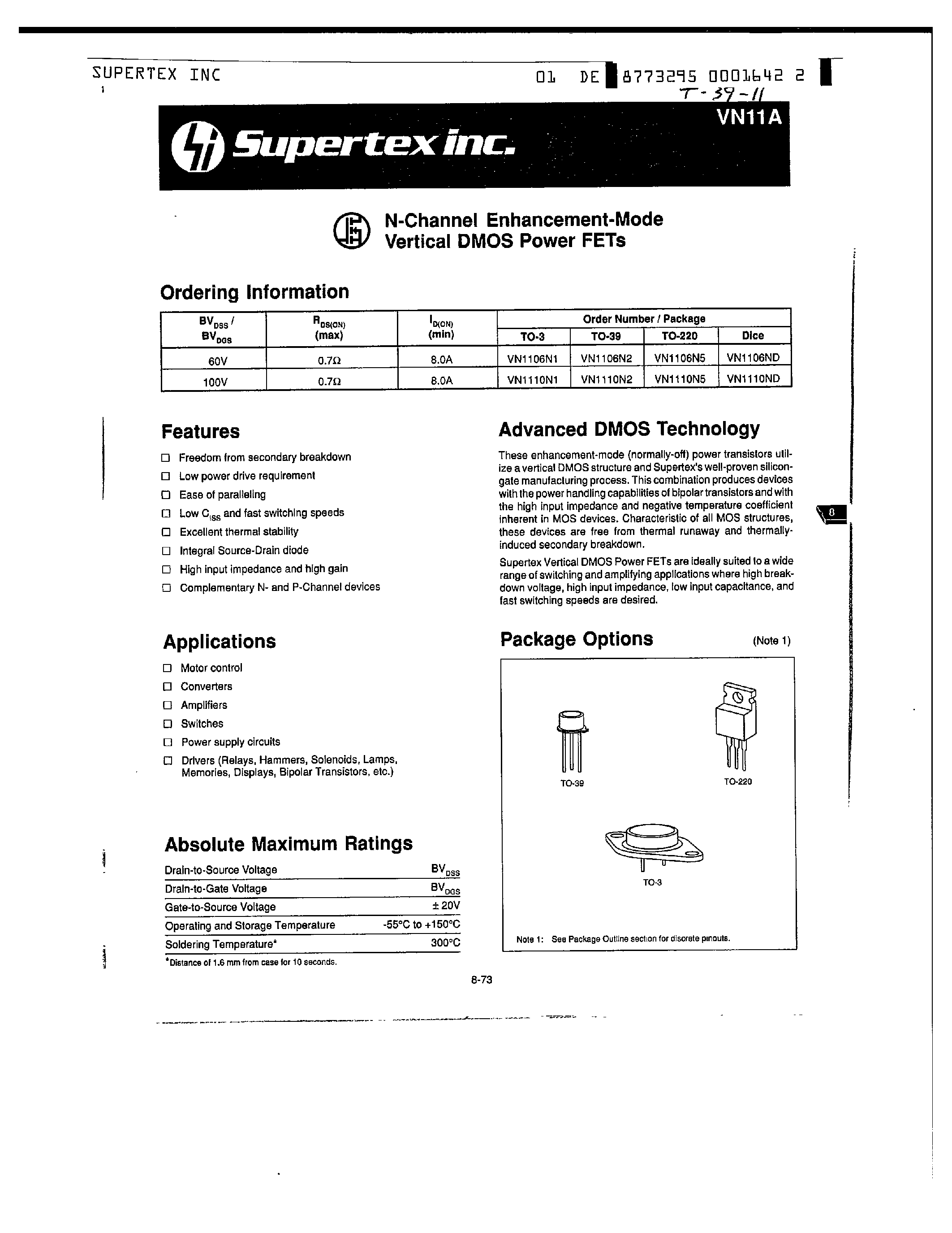 Datasheet VN1106N2 - N-Channel Enhancement-Mode Vertical DMOS Power FETs page 1